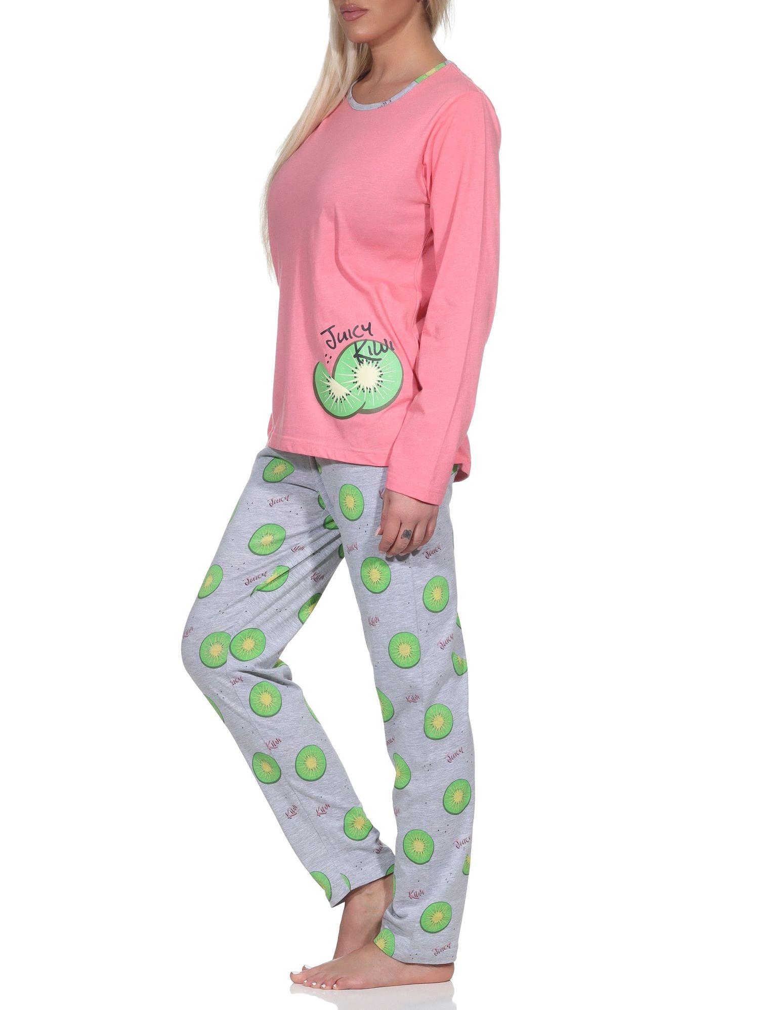 Normann Damen Schlafanzug langarm Pyjama mit Pyjamahose in coolem allover Print