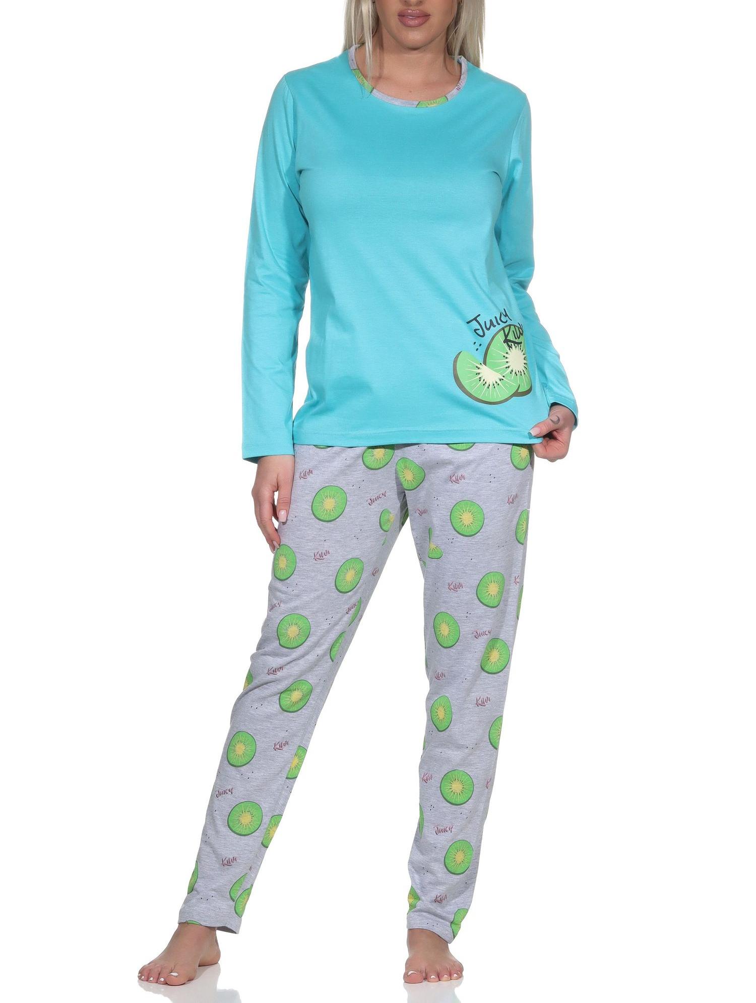 Normann Damen Schlafanzug langarm Pyjama mit Pyjamahose in coolem allover Print