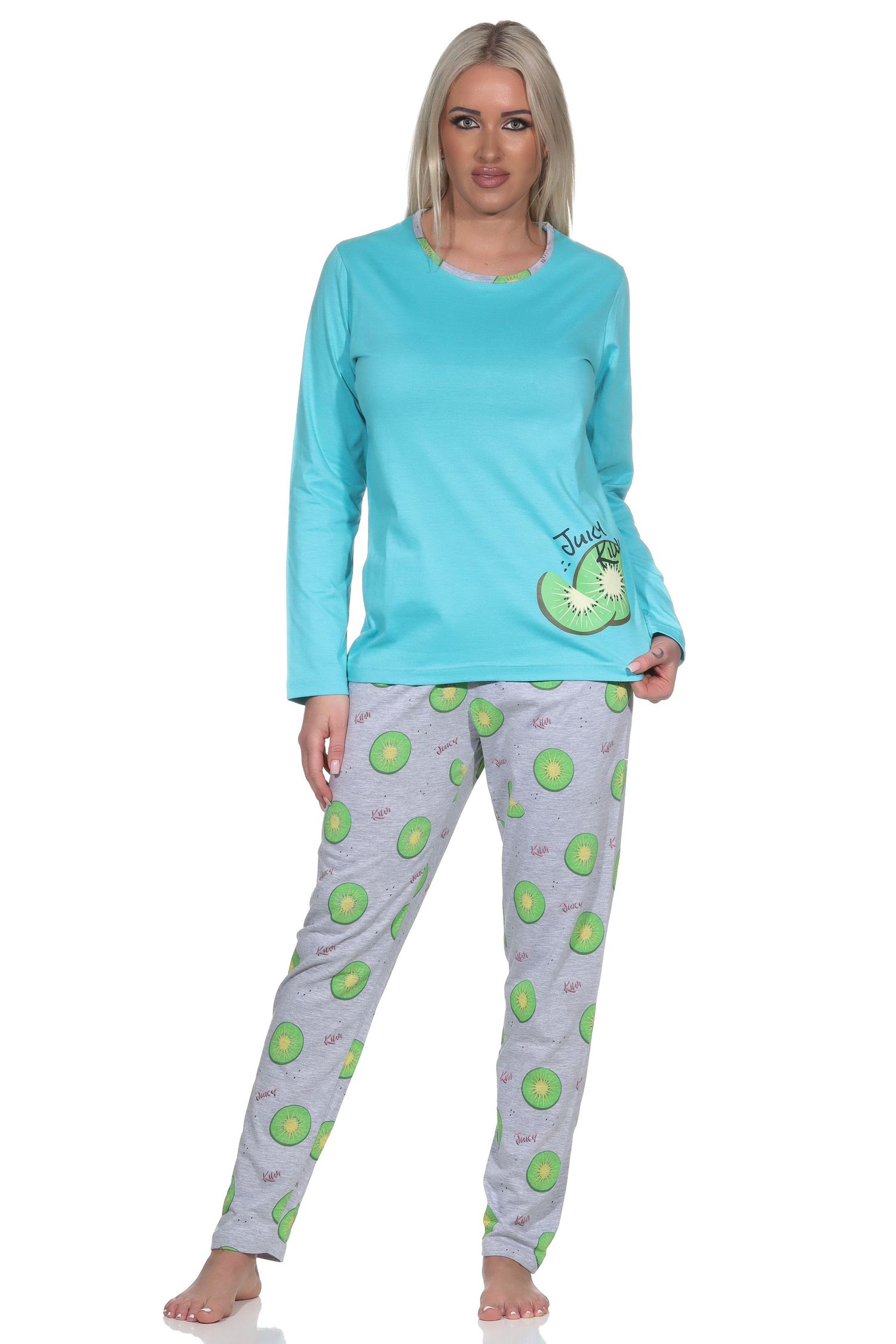 Normann Damen Schlafanzug langarm Pyjama mit Pyjamahose in coolem allover Print
