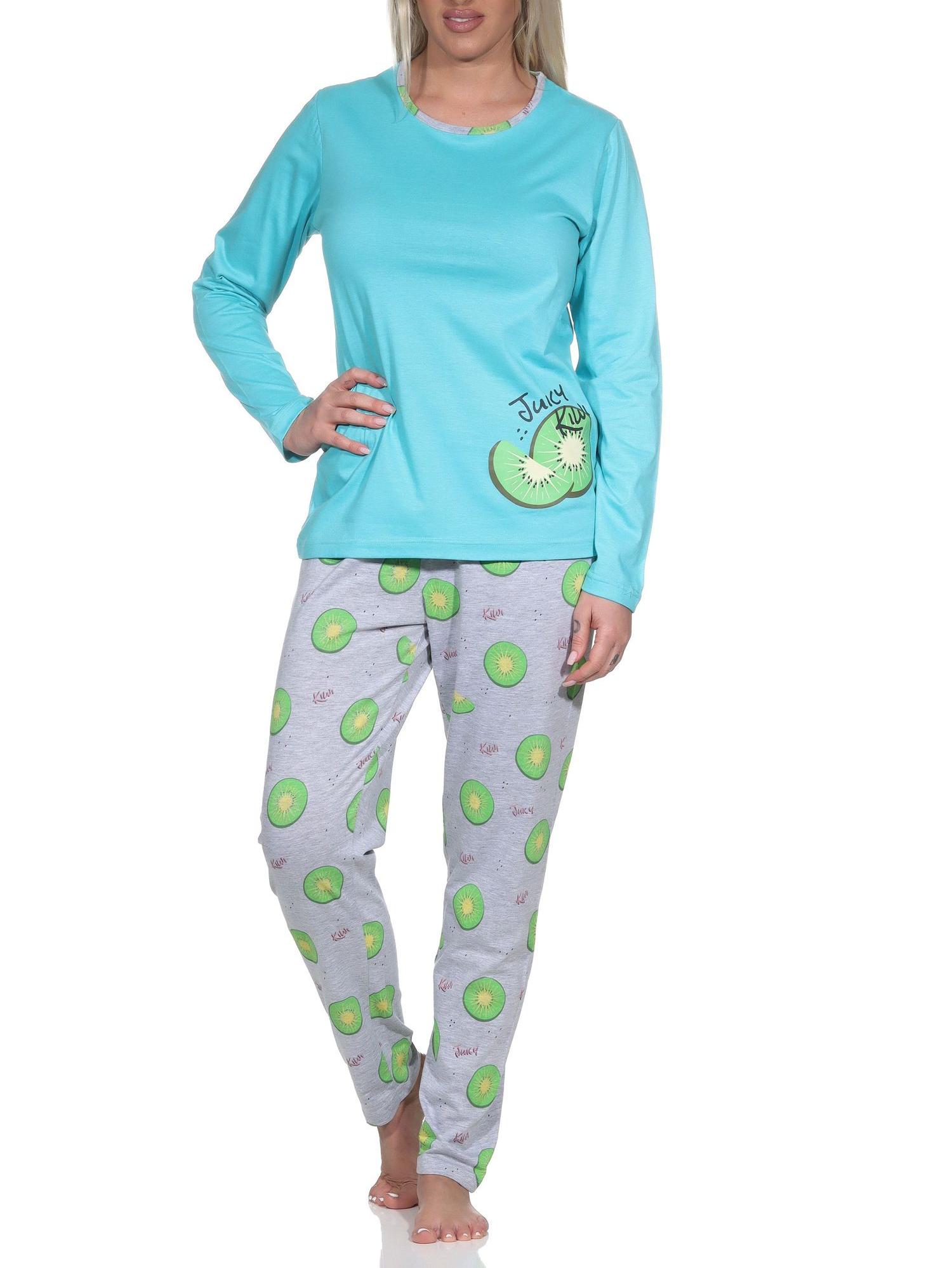 Normann Damen Schlafanzug langarm Pyjama mit Pyjamahose in coolem allover Print