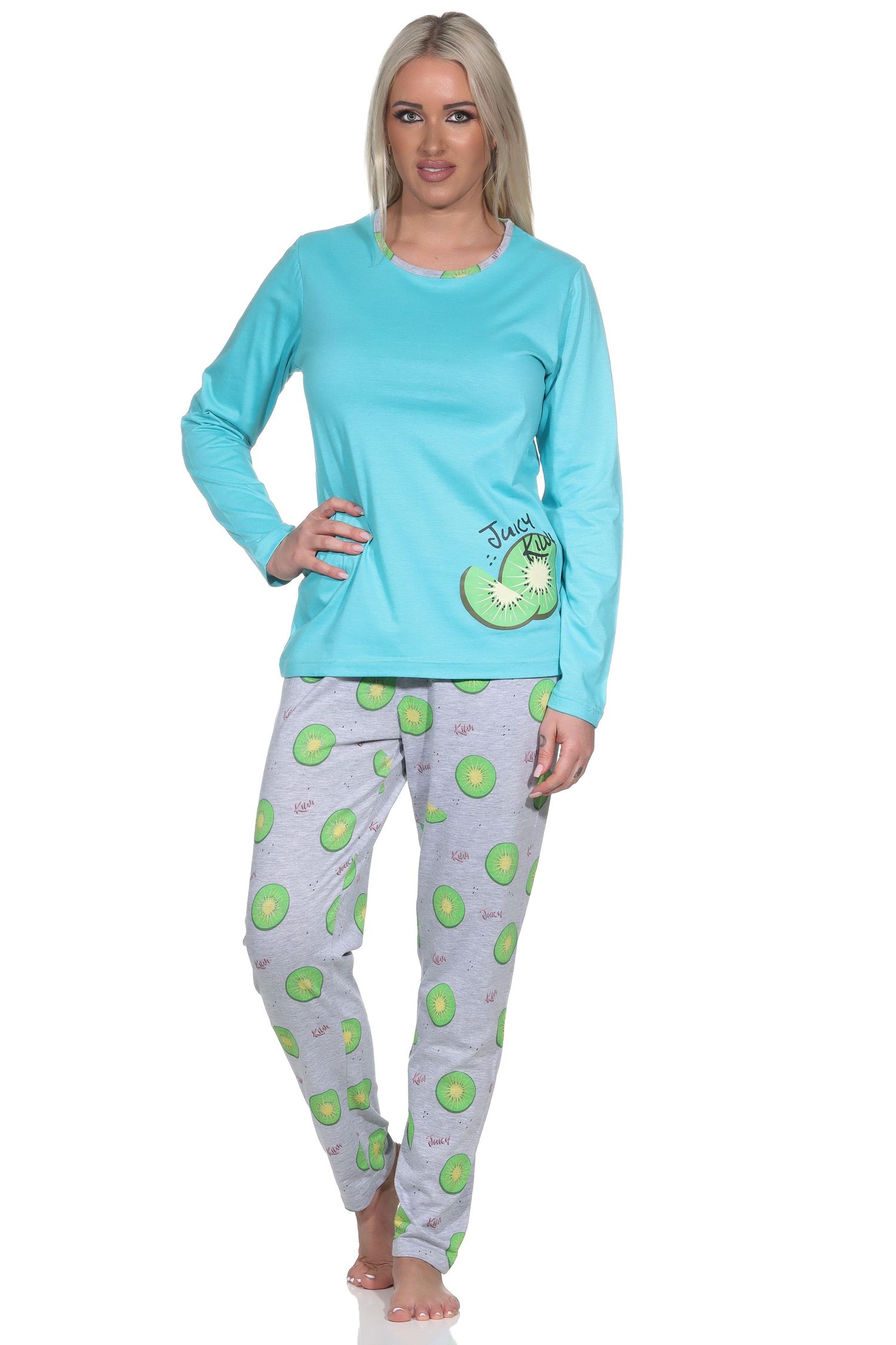 Normann Damen Schlafanzug langarm Pyjama mit Pyjamahose in coolem allover Print