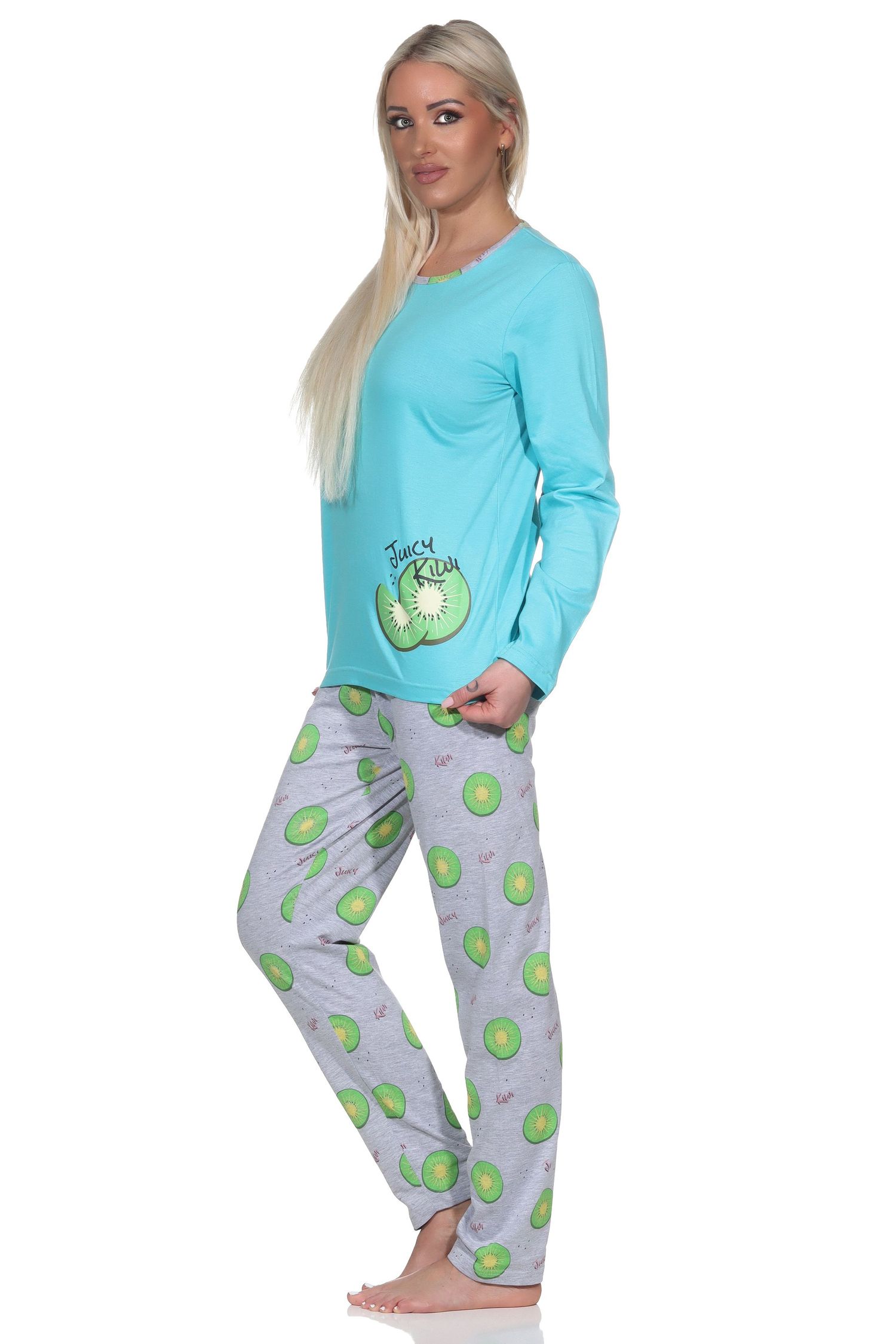 Normann Damen Schlafanzug langarm Pyjama mit Pyjamahose in coolem allover Print