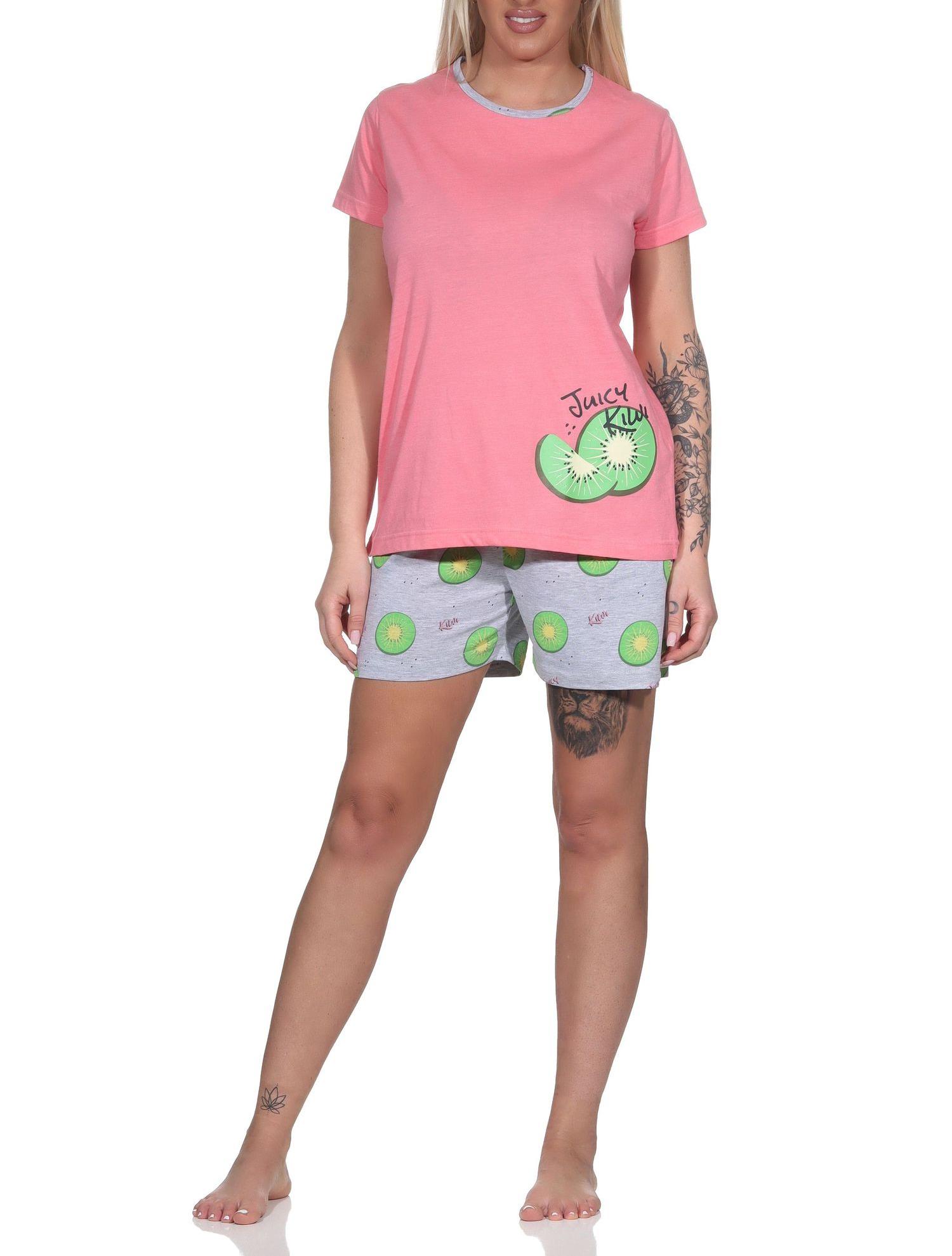 Normann Damen kurzarm Schlafanzug Shorty Pyjama mit Shortyhose in coolem allover Print