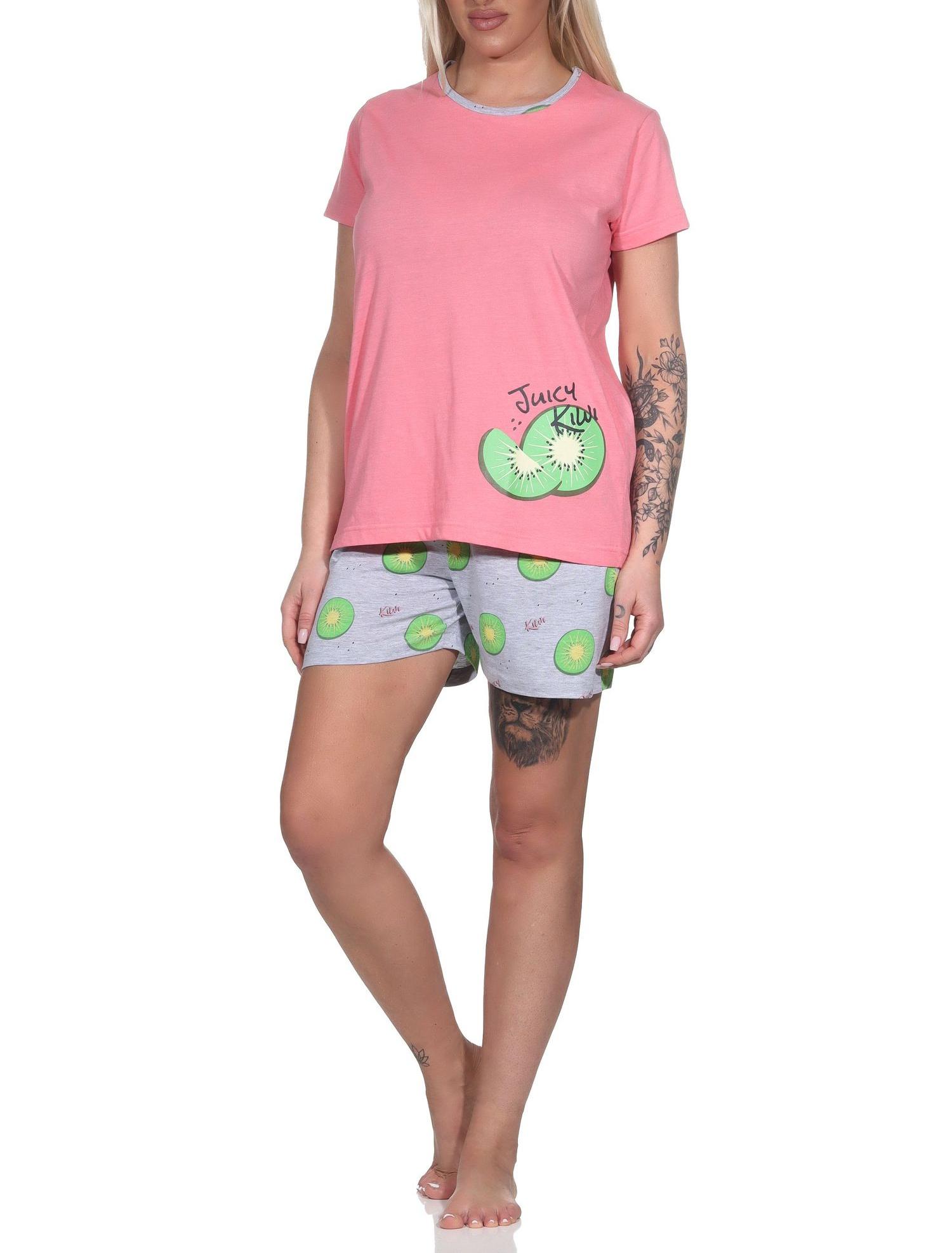 Normann Damen kurzarm Schlafanzug Shorty Pyjama mit Shortyhose in coolem allover Print