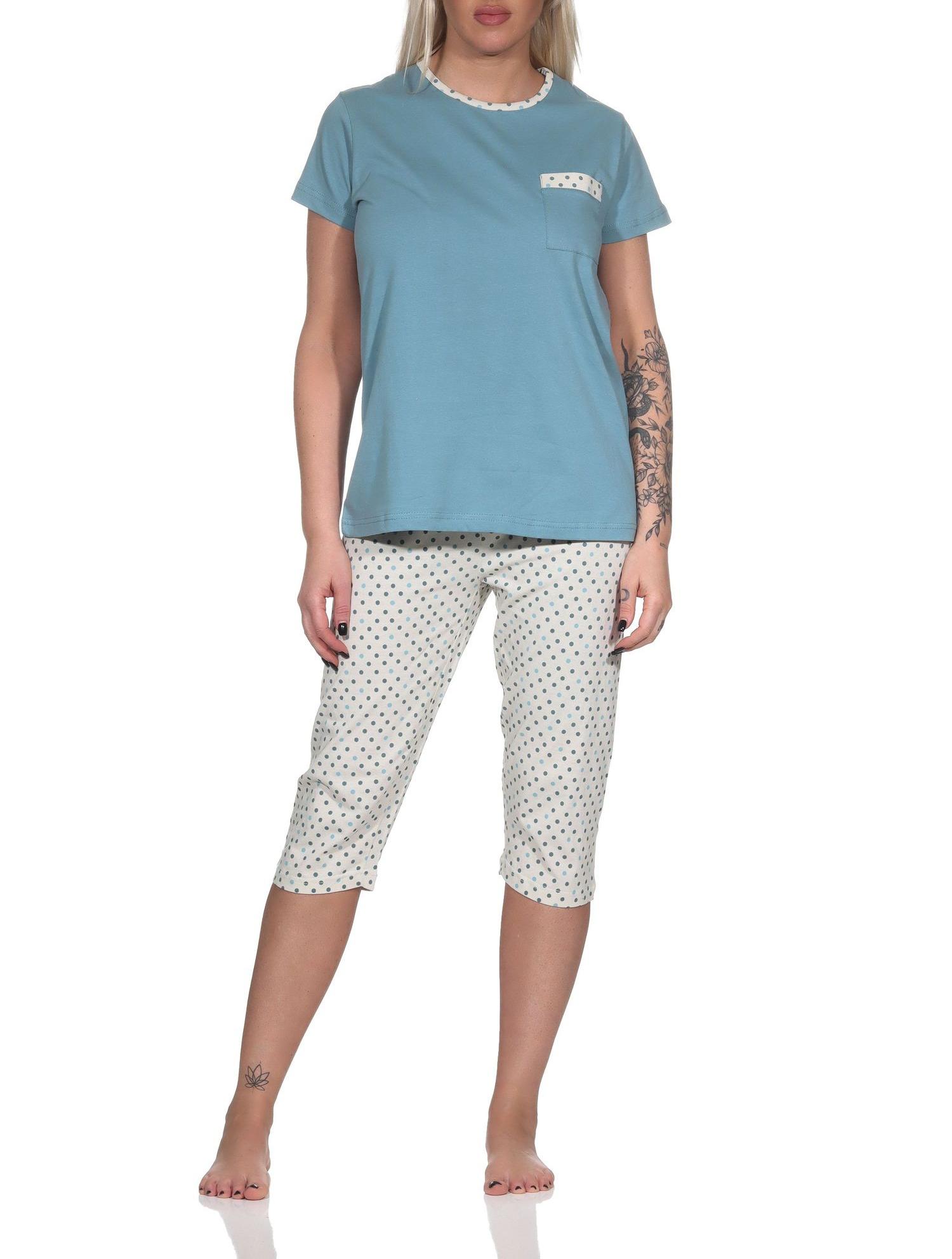 Normann Damen kurzarm Schlafanzug Pyjama mit Capri-Pyjamahose in Tupfen Punkte Optik