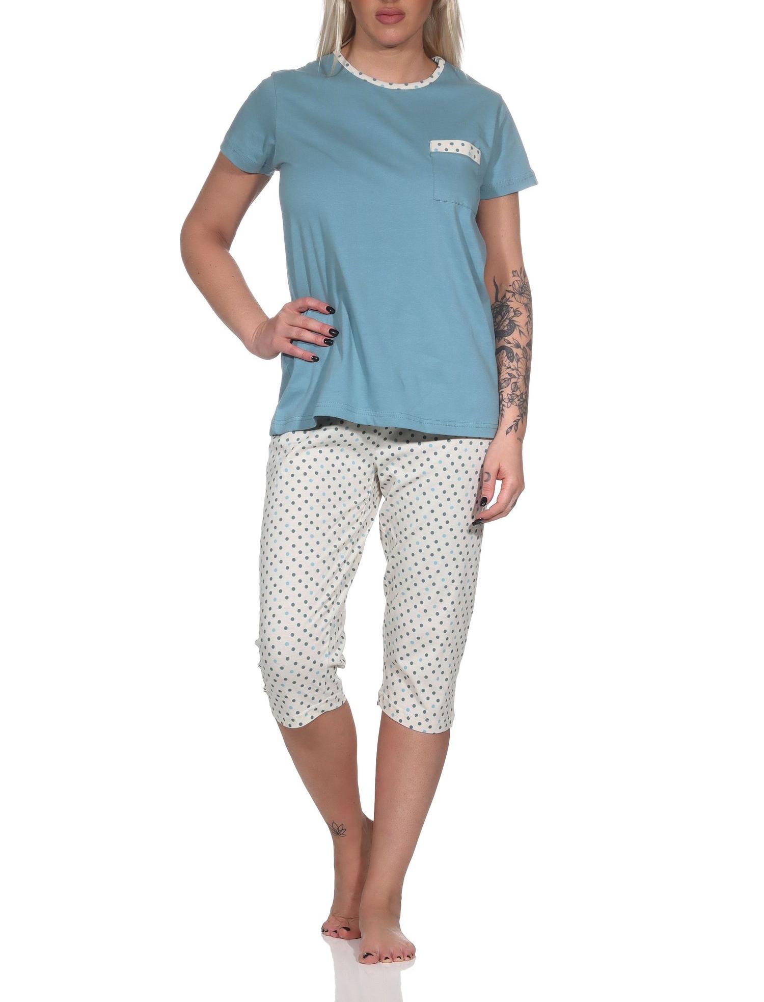 Normann Damen kurzarm Schlafanzug Pyjama mit Capri-Pyjamahose in Tupfen Punkte Optik
