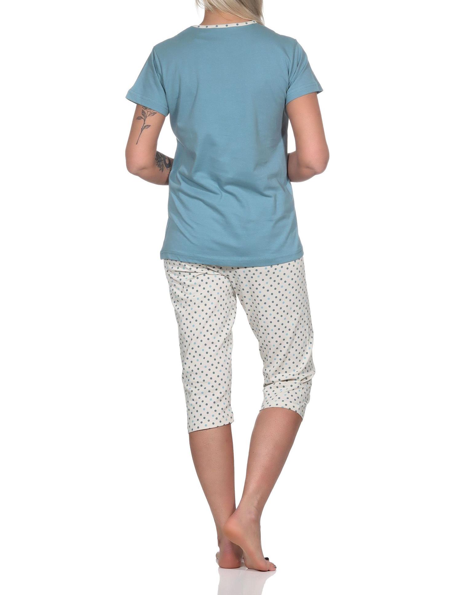 Normann Damen kurzarm Schlafanzug Pyjama mit Capri-Pyjamahose in Tupfen Punkte Optik
