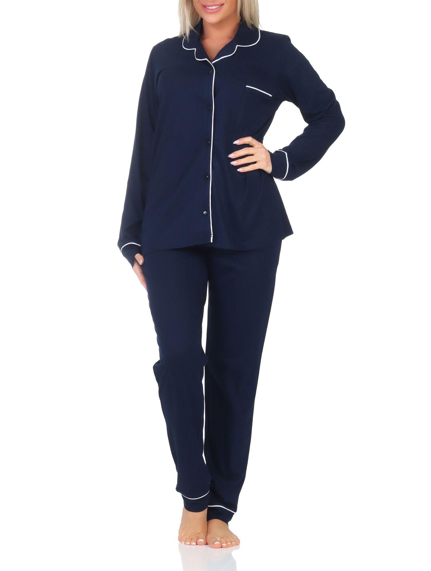 Normann Damen Schlafanzug Pyjama lang in klassischen Style aus Jersey – auch in Übergröße