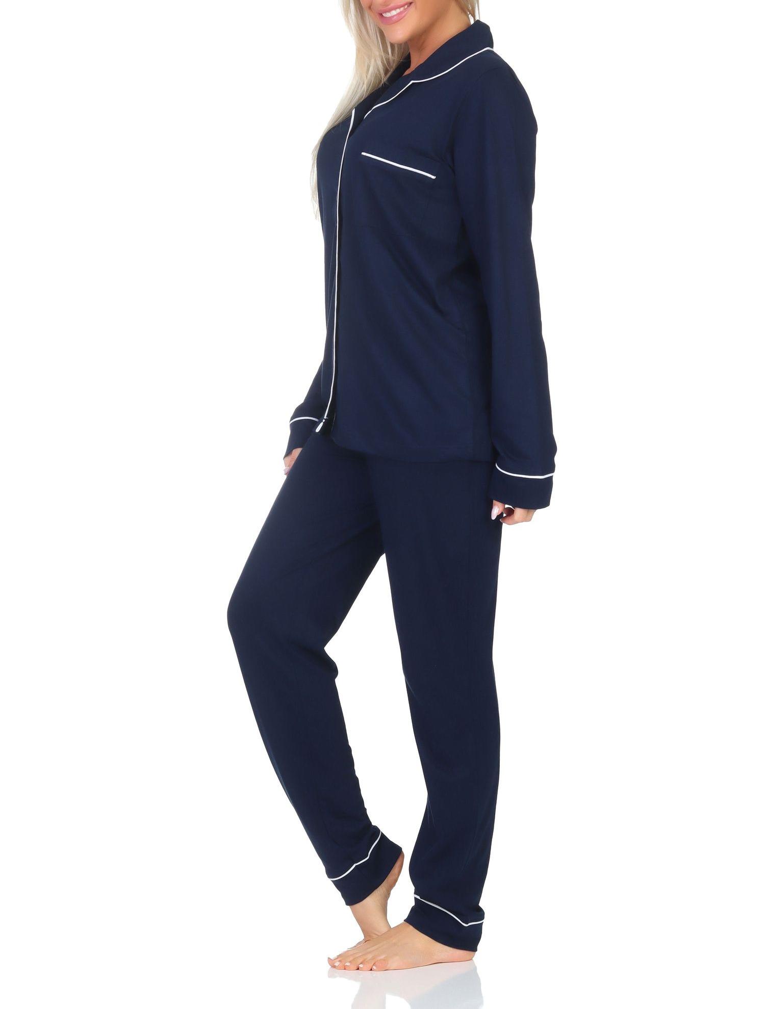 Normann Damen Schlafanzug Pyjama lang in klassischen Style aus Jersey – auch in Übergröße