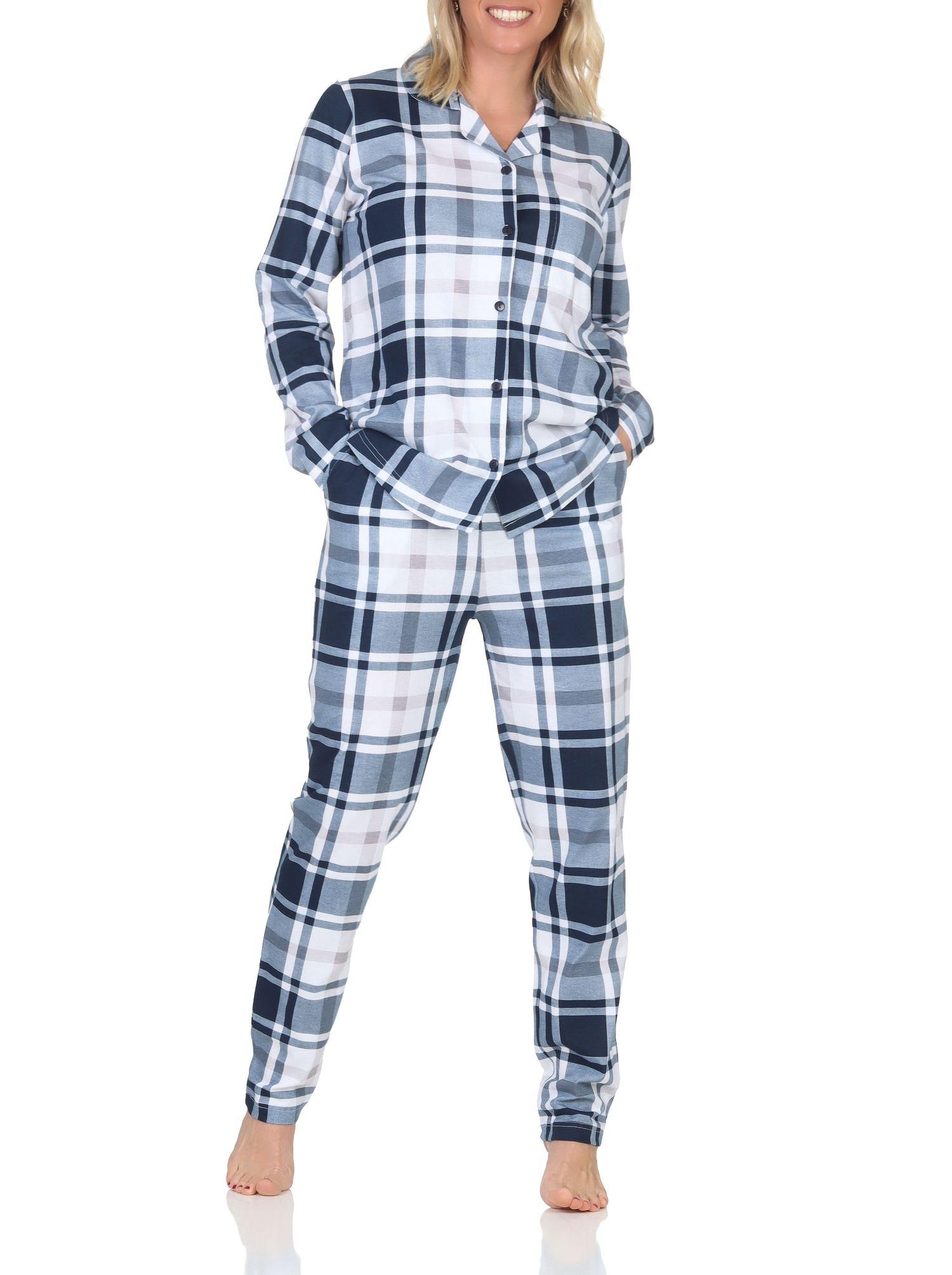 Normann Damen Pyjama aus Single Jersey zum durchknöpfen in Karo Optik - auch in Übergröße