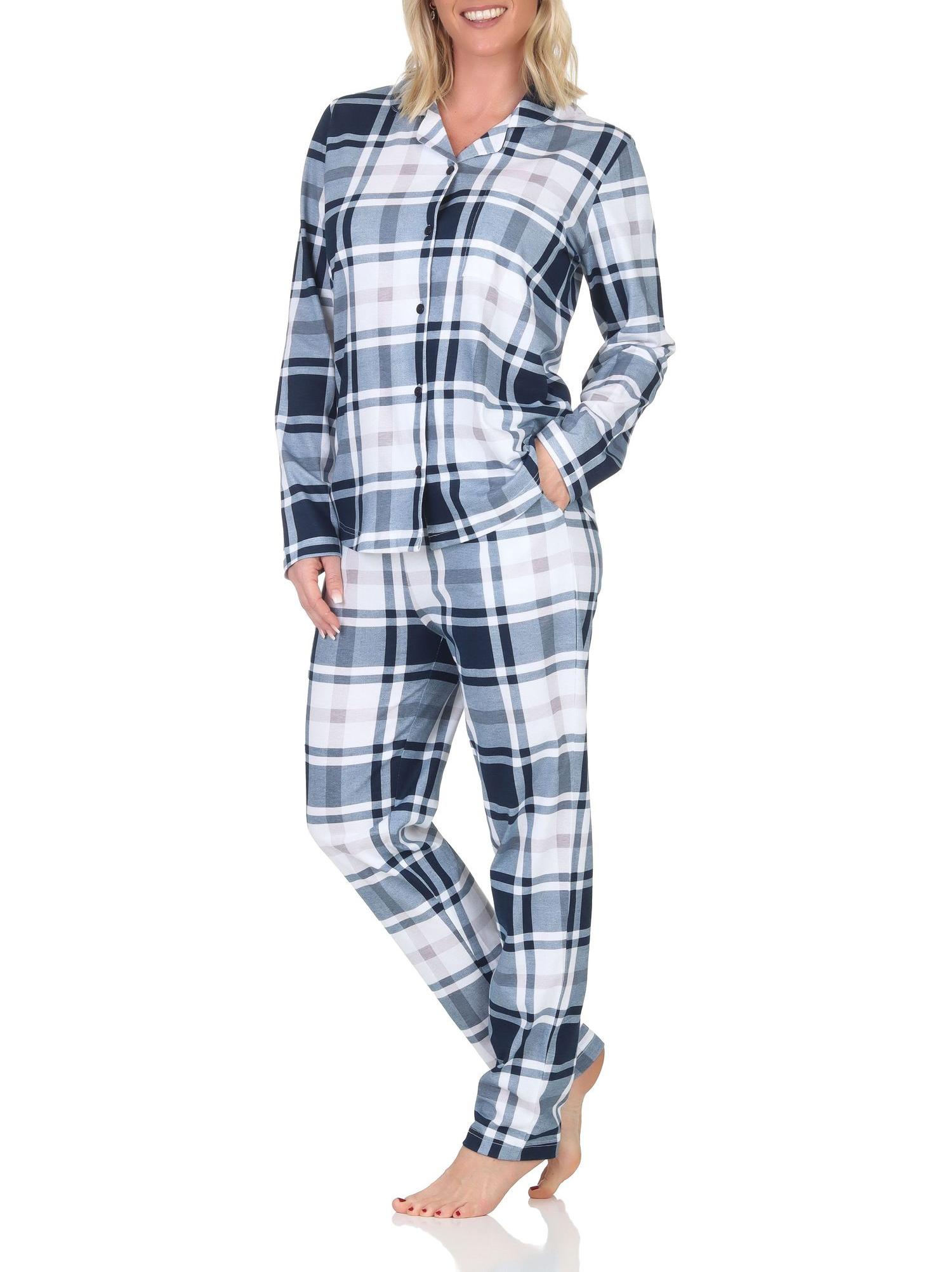 Normann Damen Pyjama aus Single Jersey zum durchknöpfen in Karo Optik - auch in Übergröße