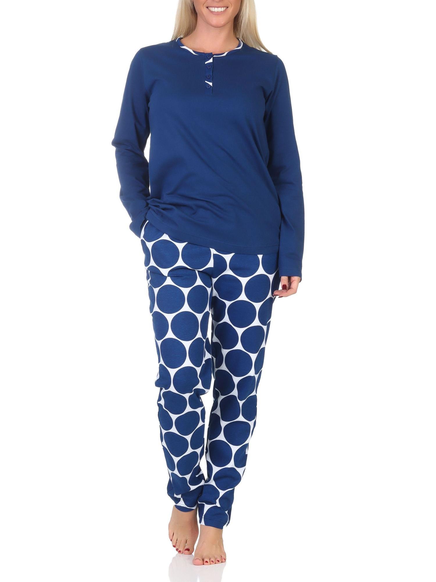 Normann Damen Schlafanzug langarm mit Pyjama Hose in Tupfen Punkte Optik