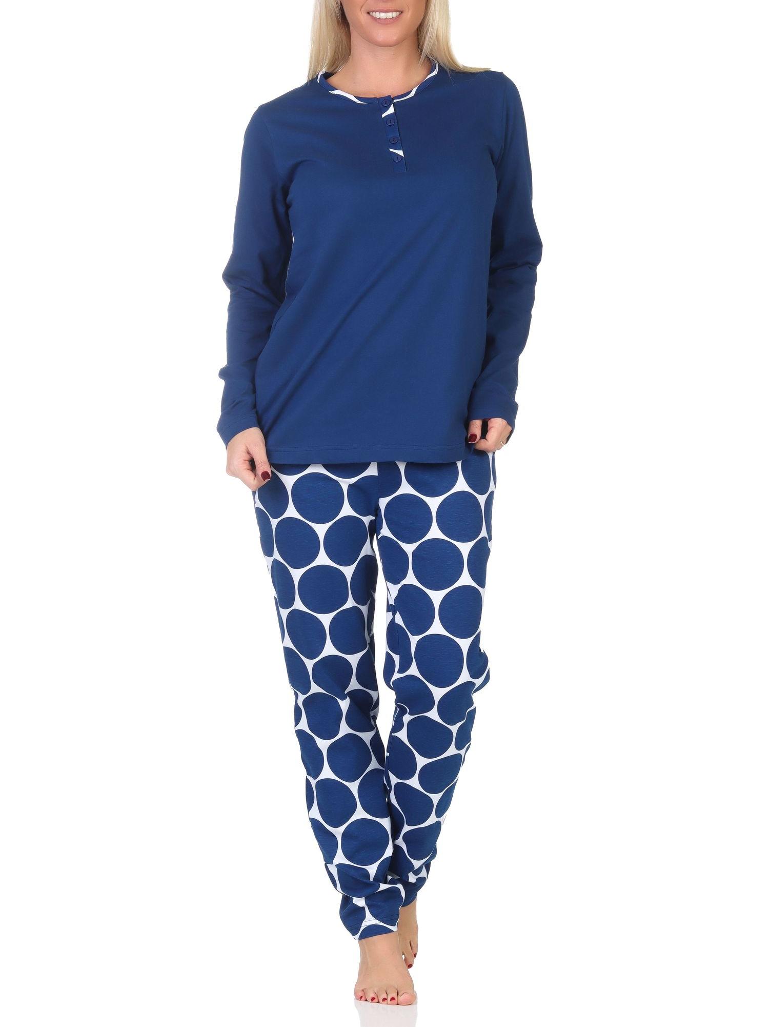Normann Damen Schlafanzug langarm mit Pyjama Hose in Tupfen Punkte Optik