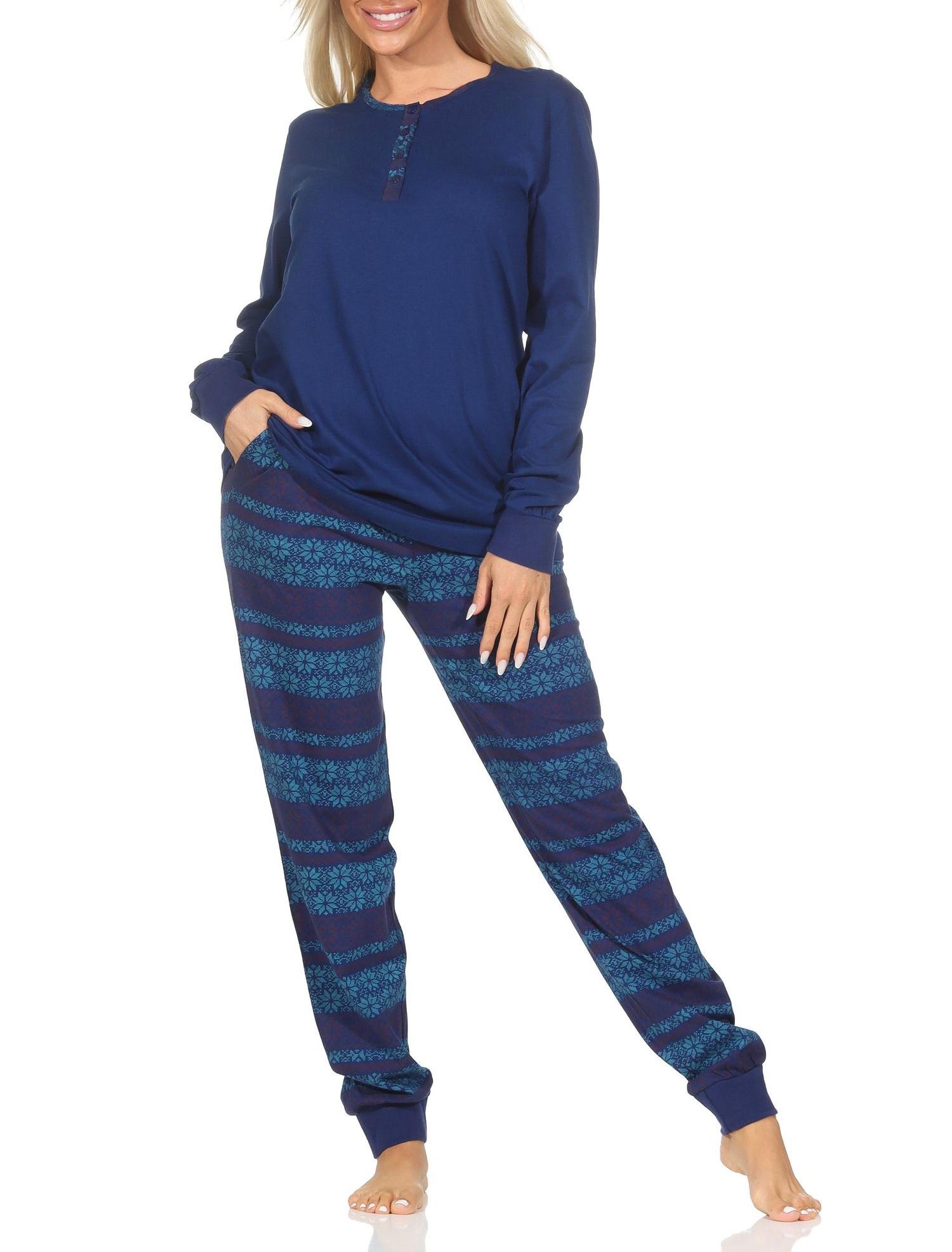Normann Damen Schlafanzug langarm Pyjama mit Bündchen im Ethnolook - auch in Übergrößen