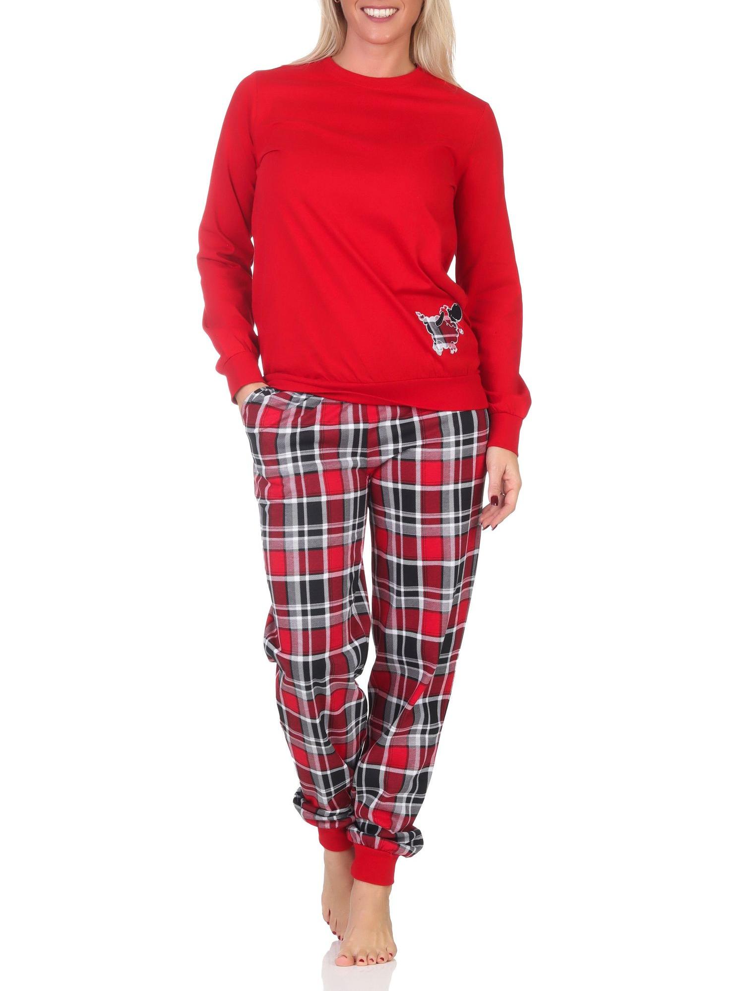 Damen Schlafanzug mit Bündchen mit Karohose und süssen Tiermotiv - auch in Übergrössen