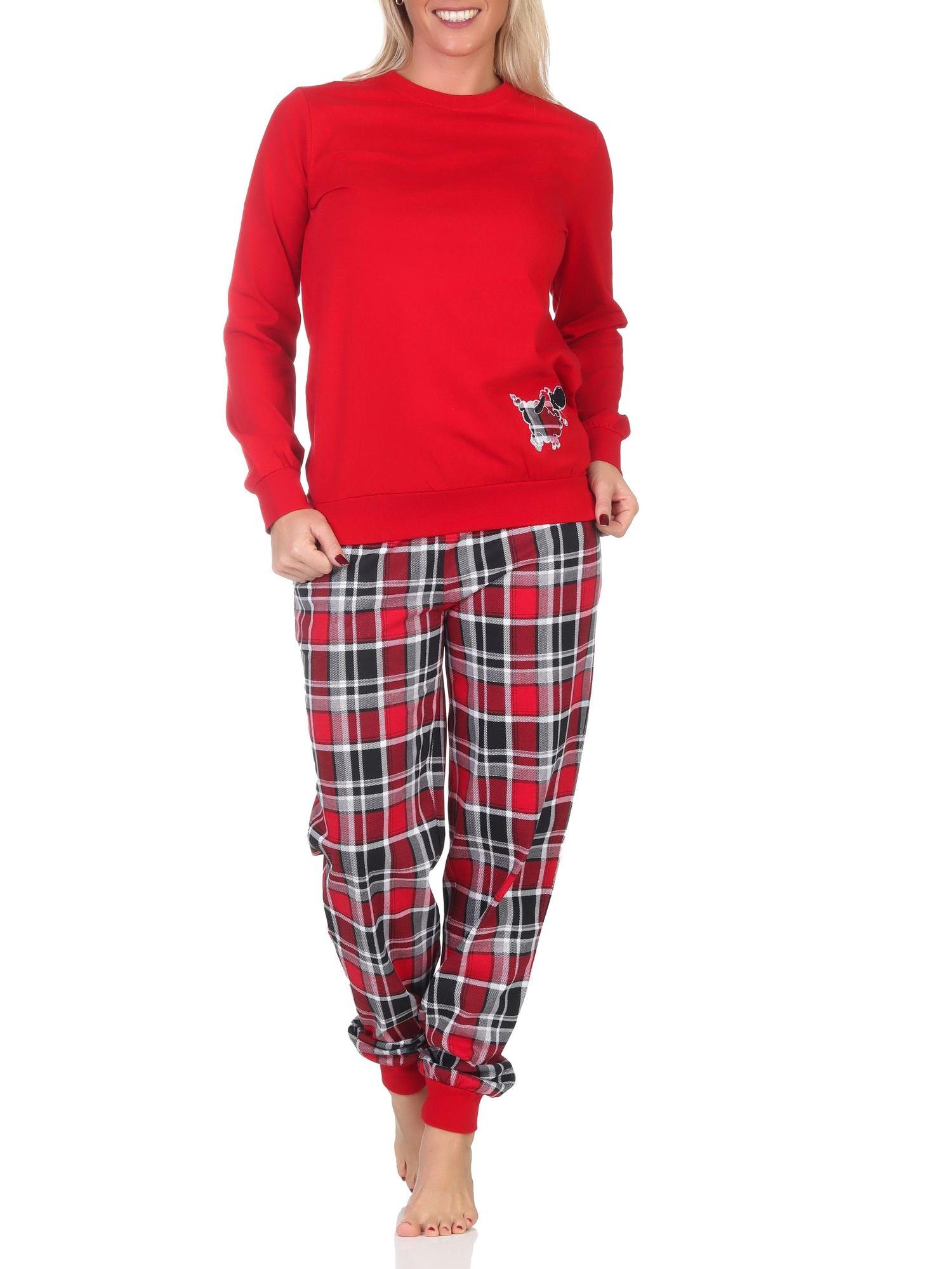 Damen Schlafanzug mit Bündchen mit Karohose und süssen Tiermotiv - auch in Übergrössen
