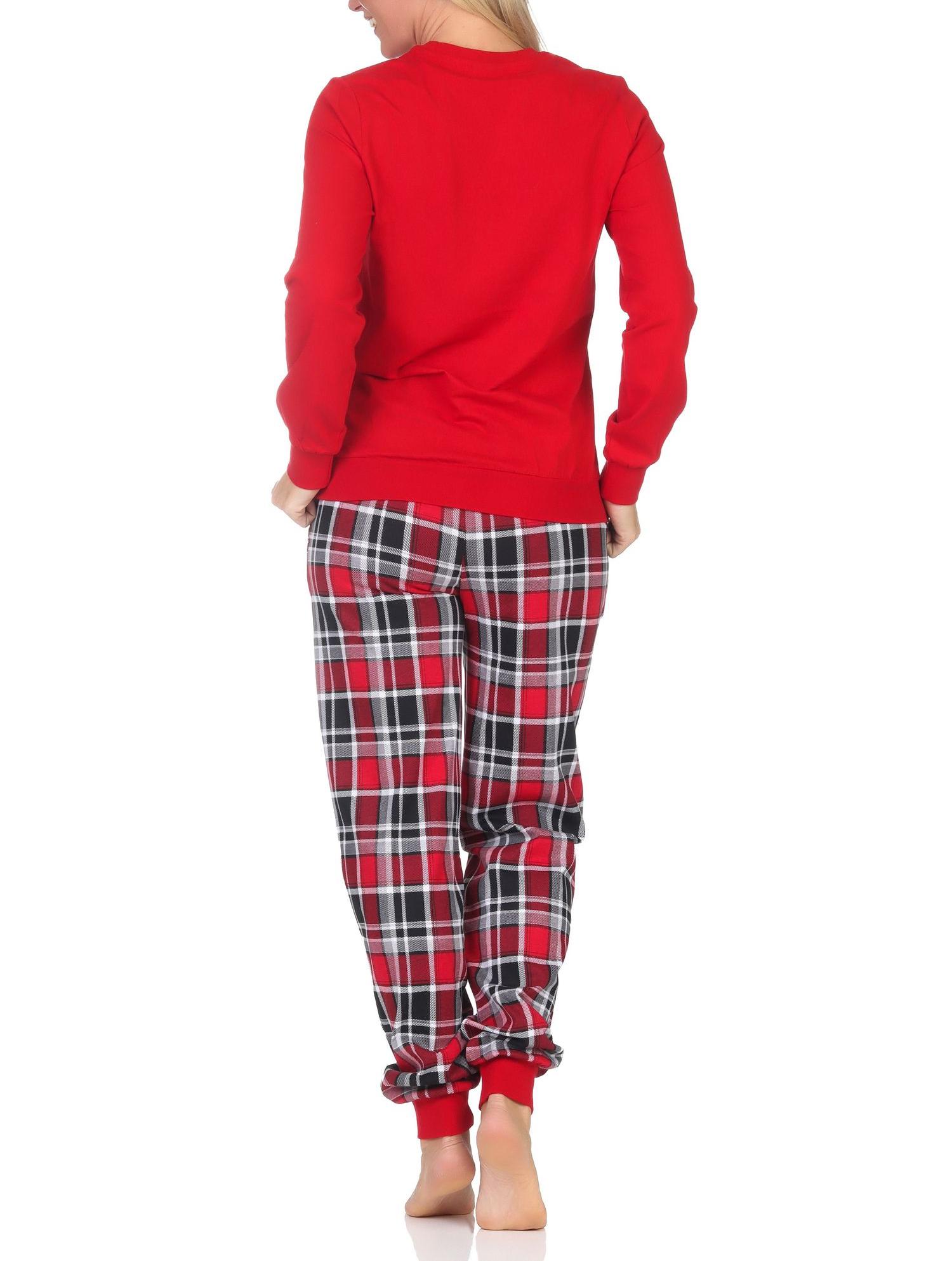 Damen Schlafanzug mit Bündchen mit Karohose und süssen Tiermotiv - auch in Übergrössen