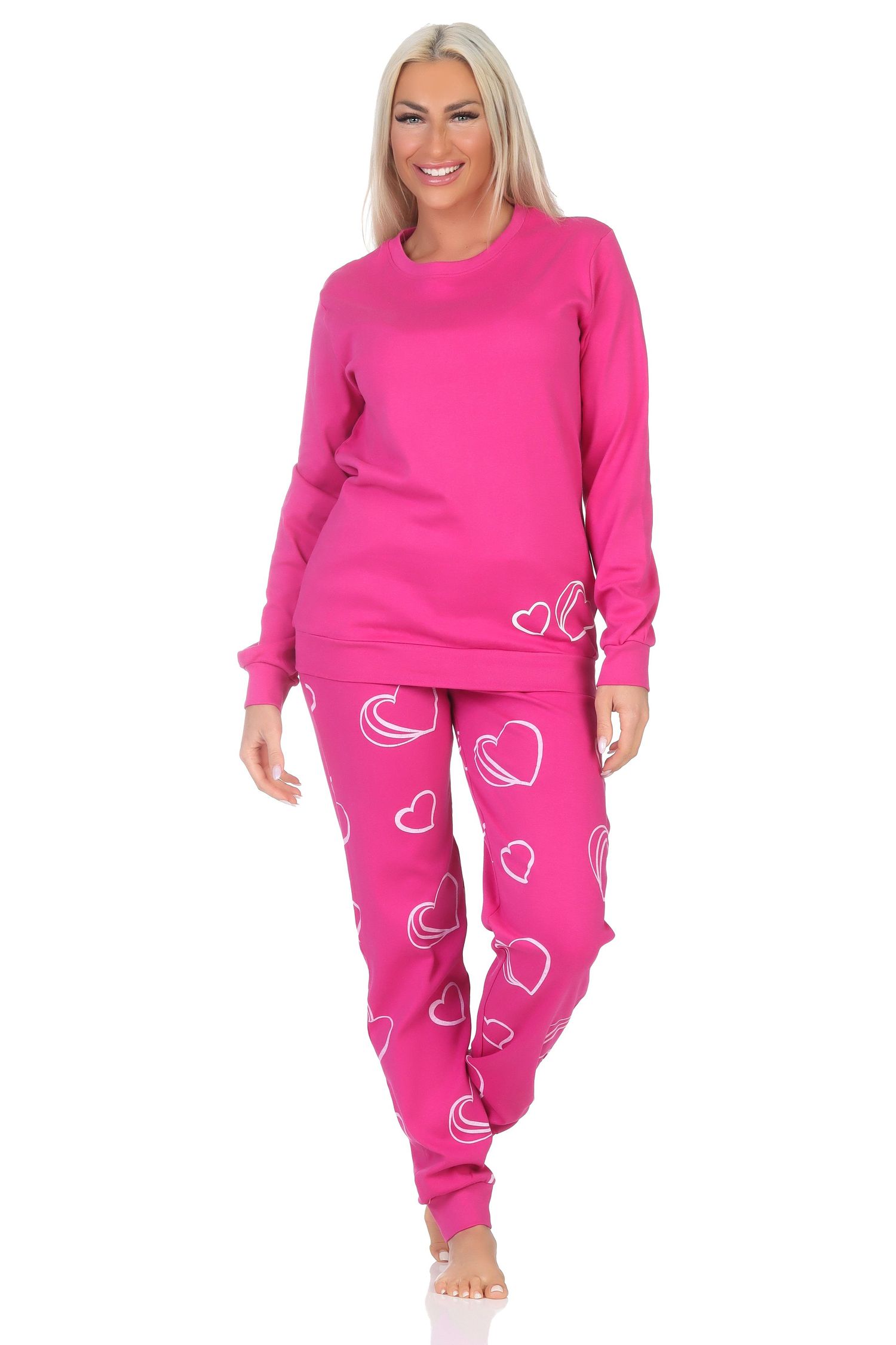 Normann Damen Schlafanzug langarm in Kuschel Interlock Qualität mit Bündchen in Herz Optik