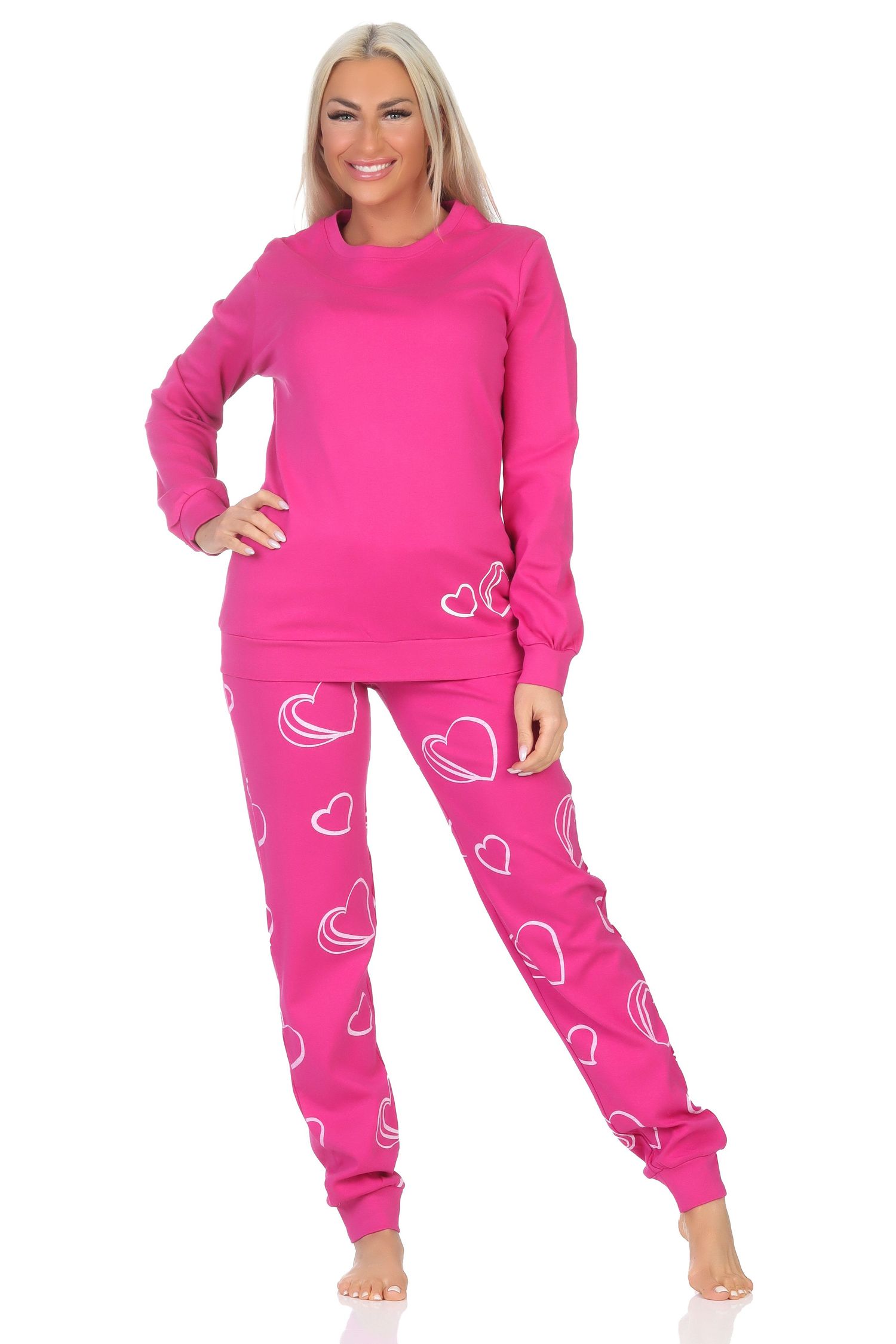 Normann Damen Schlafanzug langarm in Kuschel Interlock Qualität mit Bündchen in Herz Optik