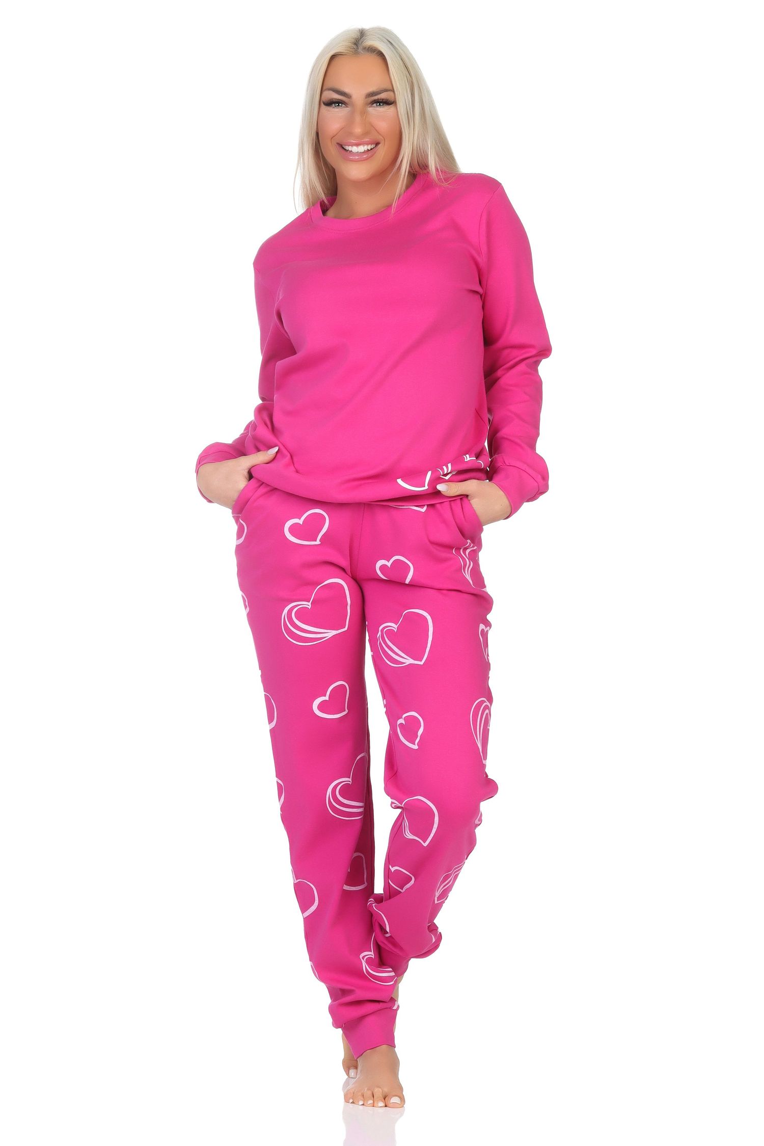 Normann Damen Schlafanzug langarm in Kuschel Interlock Qualität mit Bündchen in Herz Optik