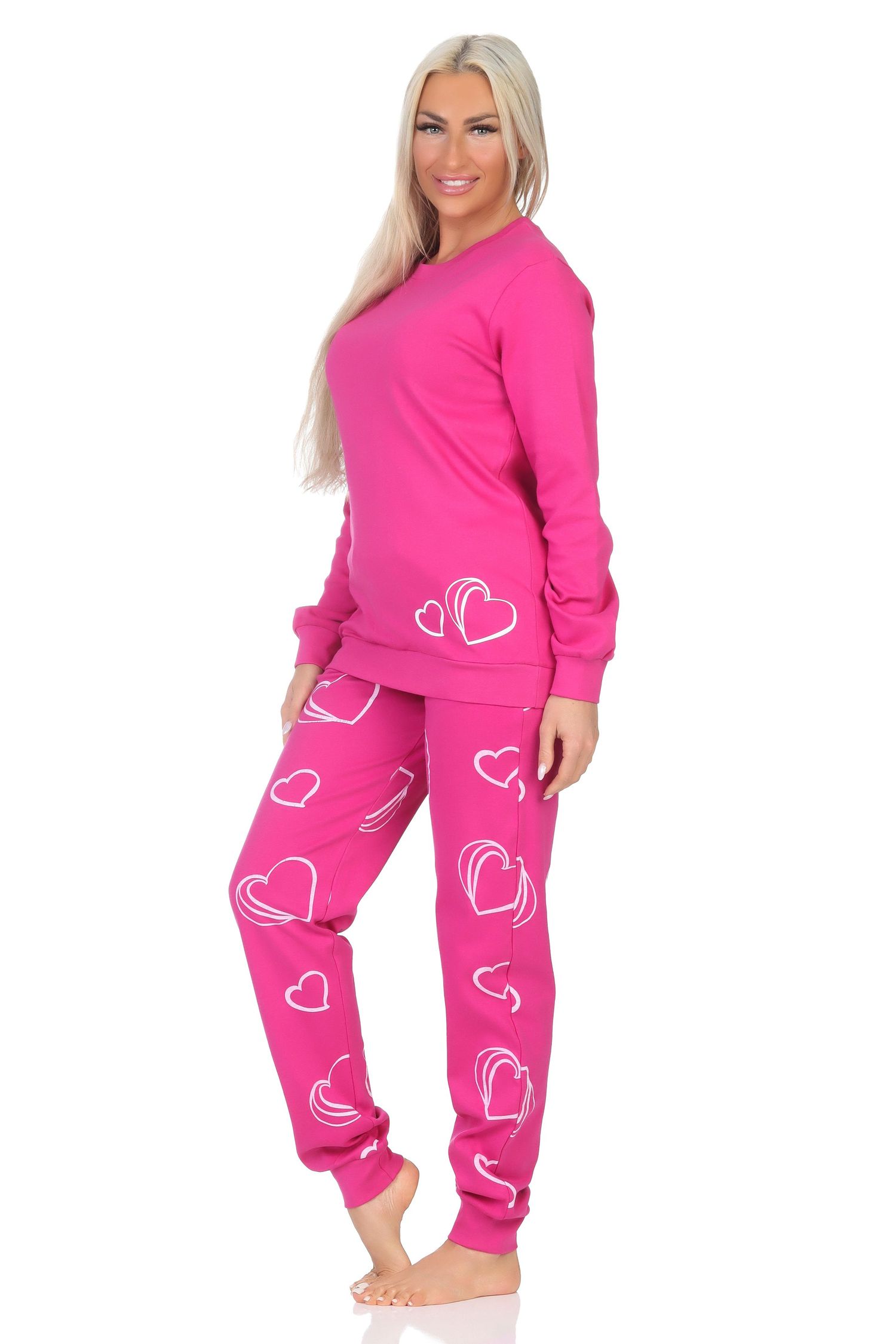 Normann Damen Schlafanzug langarm in Kuschel Interlock Qualität mit Bündchen in Herz Optik
