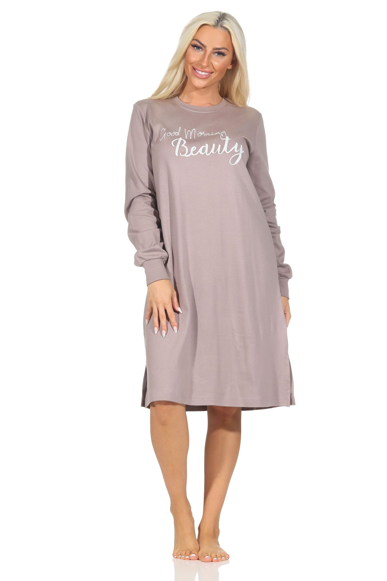 Normann Damen Nachthemd langarm mit Bündchen in Kuschel Interlock Qualität und Frontprint