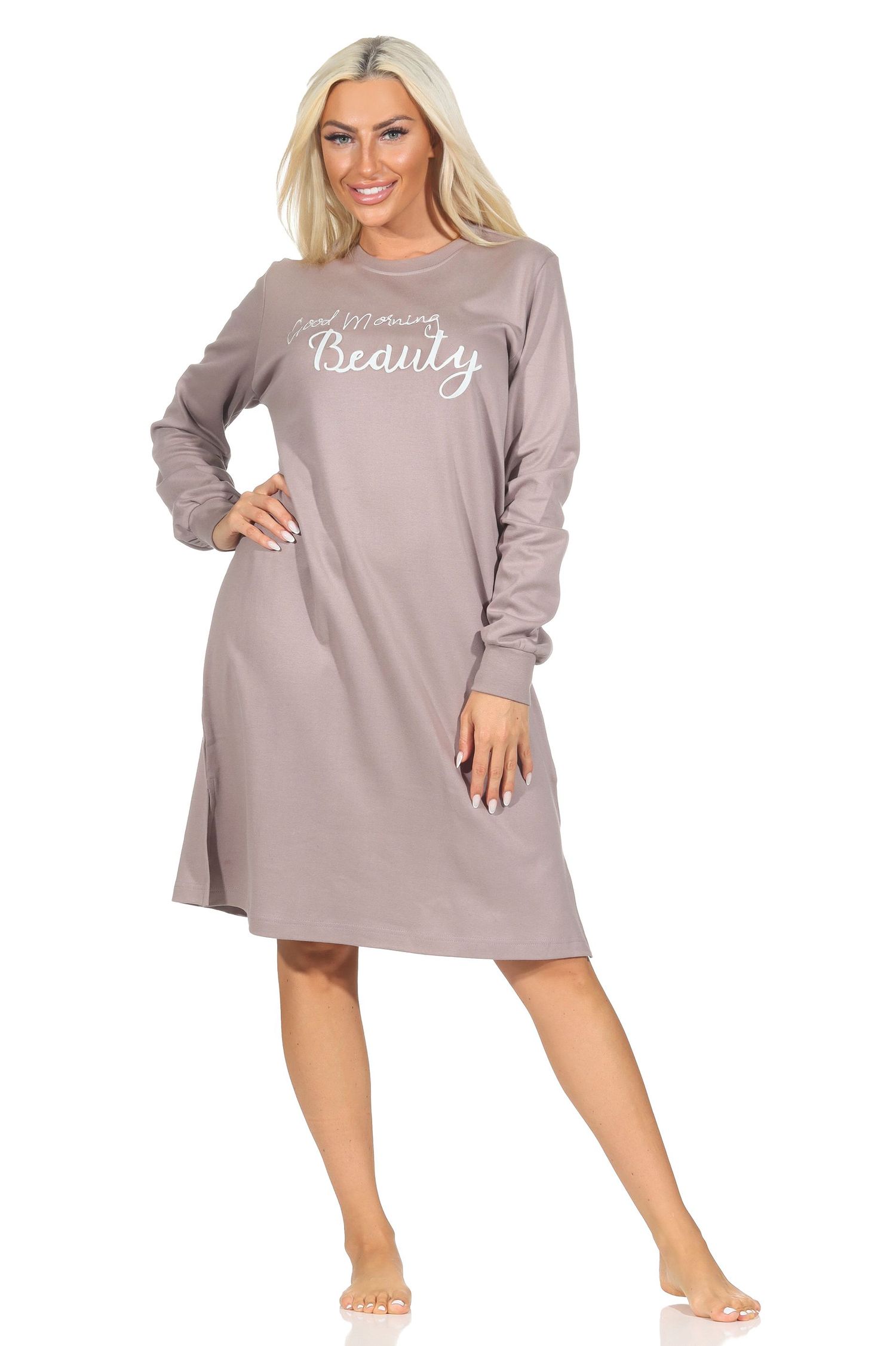 Normann Damen Nachthemd langarm mit Bündchen in Kuschel Interlock Qualität und Frontprint