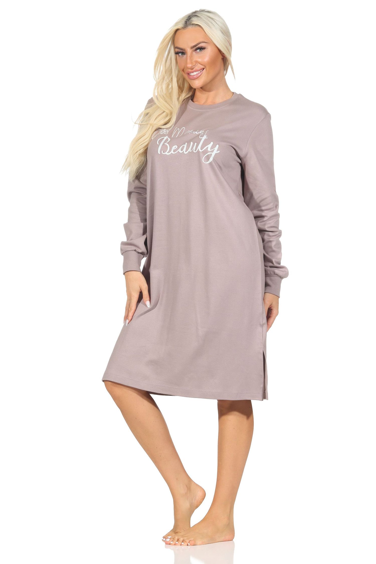 Normann Damen Nachthemd langarm mit Bündchen in Kuschel Interlock Qualität und Frontprint