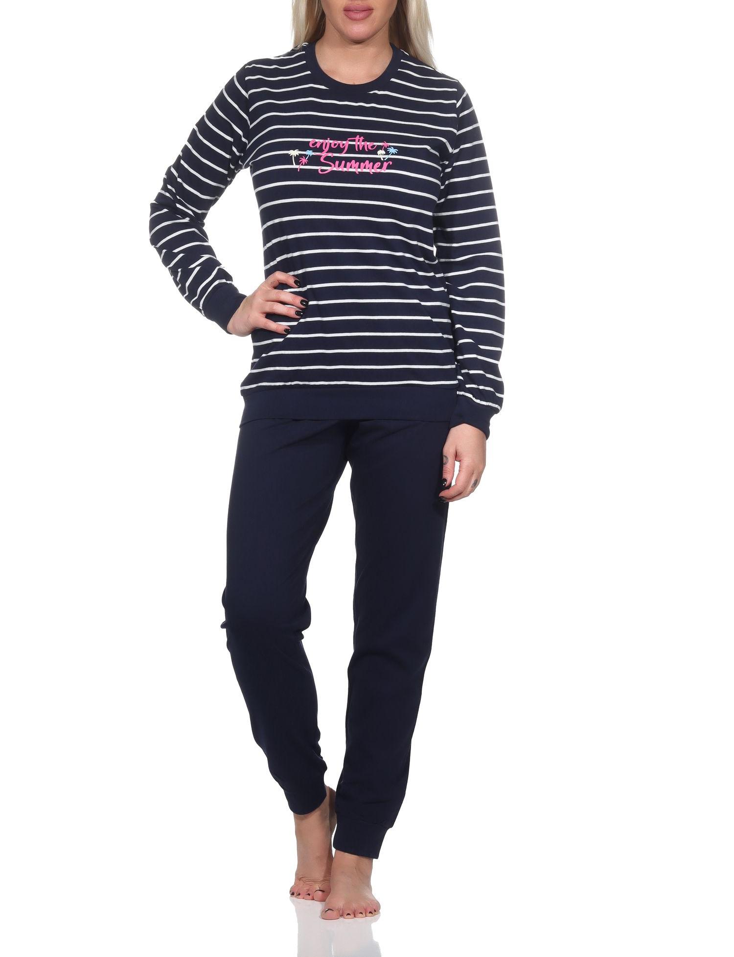 Damen langarm Pyjama, gestreifter Schlafanzug mit Bündchen "Enjoy The Summer"