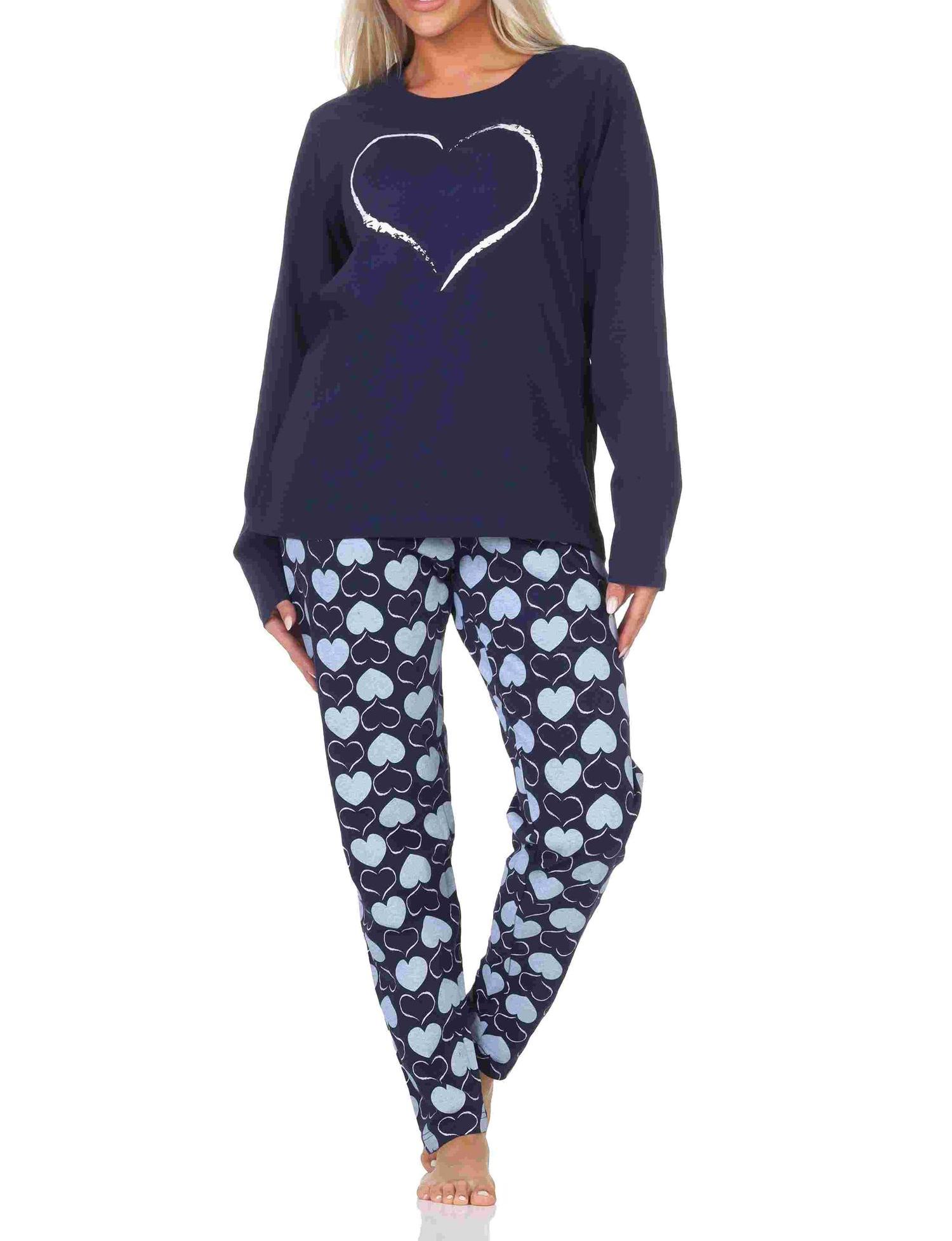 Normann Damen Schlafanzug langarm Pyjama in Herz Tupfen Punkte Optik