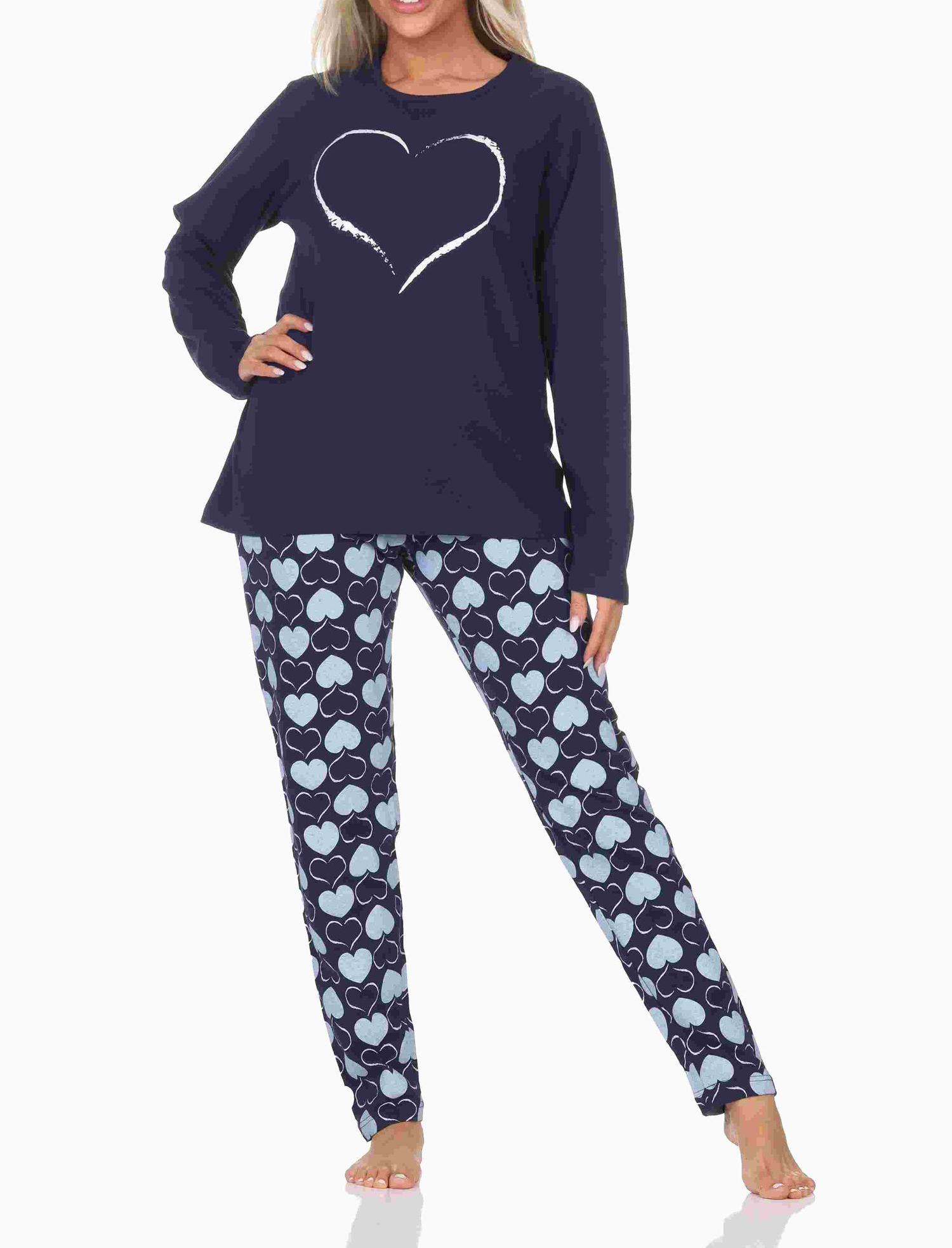 Normann Damen Schlafanzug langarm Pyjama in Herz Tupfen Punkte Optik