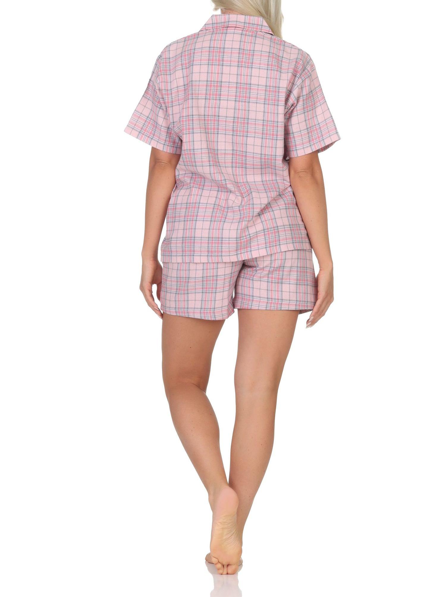 Normann Damen kurzarm Flanell Schlafanzug Shorty Pyjama in eleganter Karo Optik