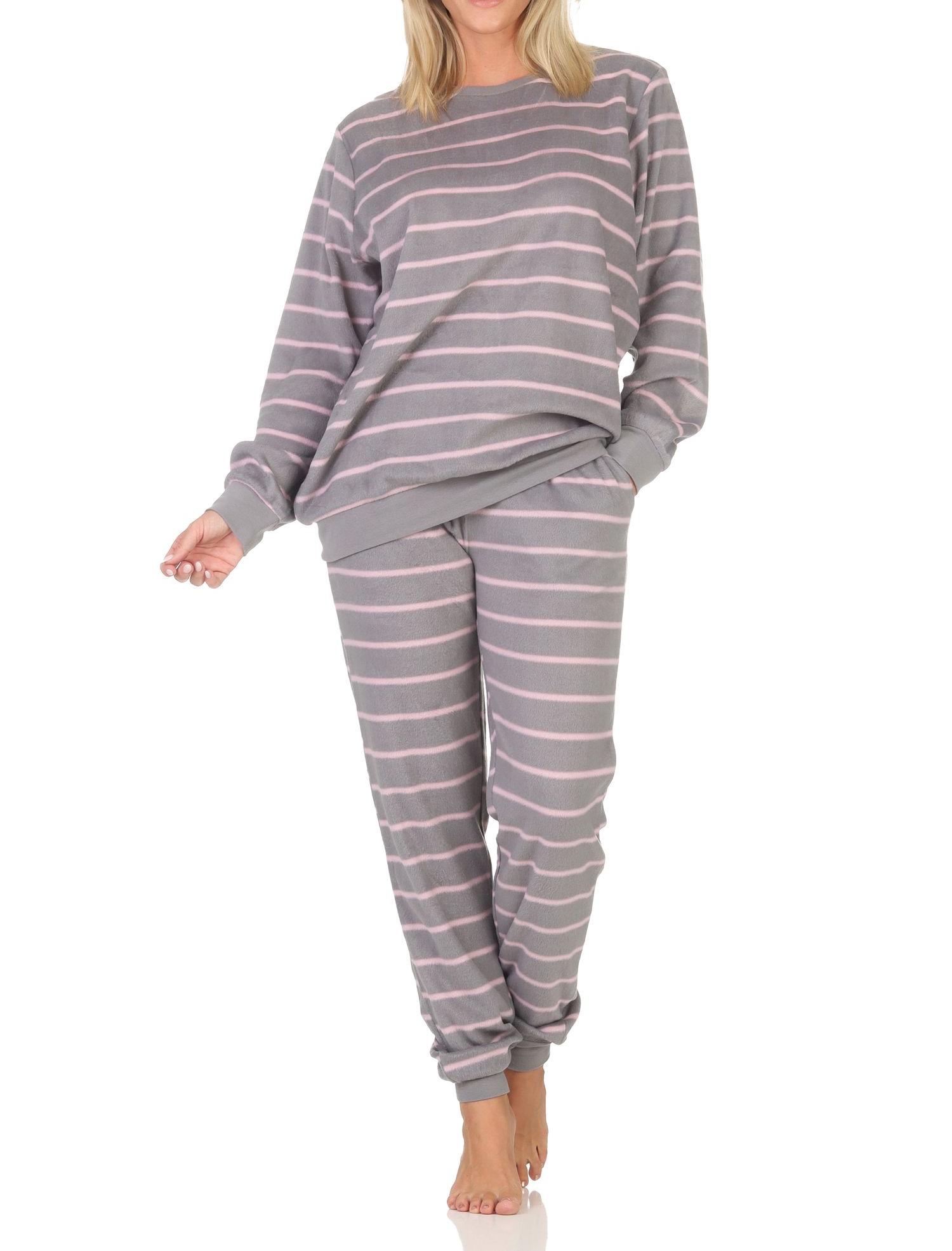 Normann Damen langarm Fleece Schlafanzug mit Bündchen in chilliger Optik