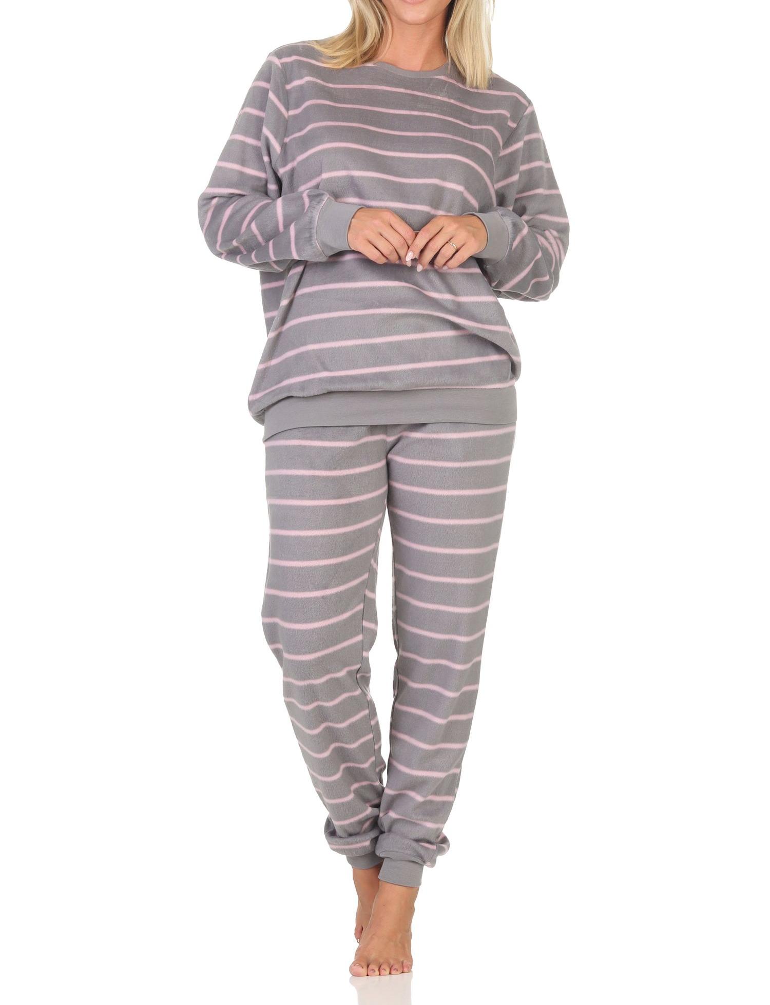 Normann Damen langarm Fleece Schlafanzug mit Bündchen in chilliger Optik