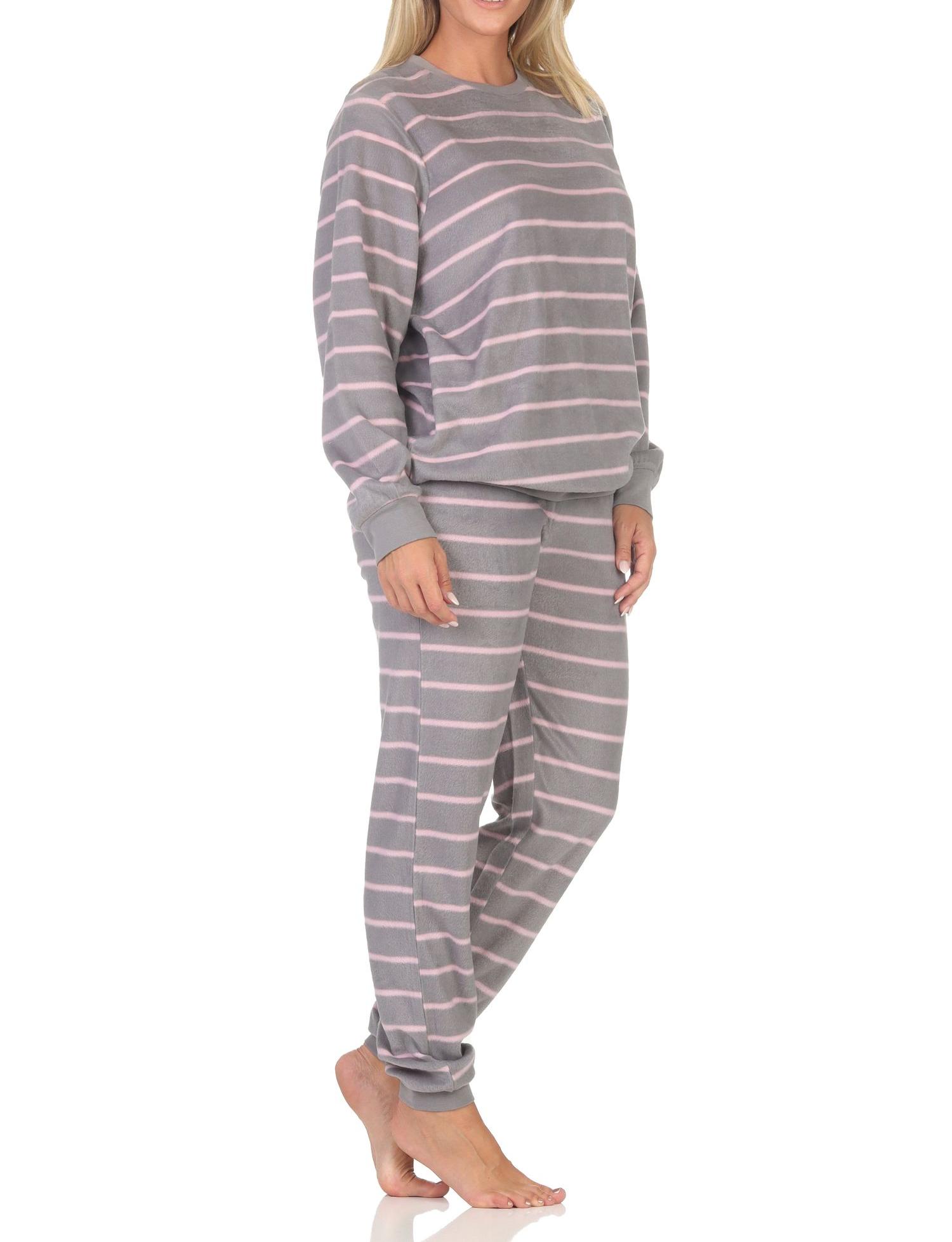 Normann Damen langarm Fleece Schlafanzug mit Bündchen in chilliger Optik