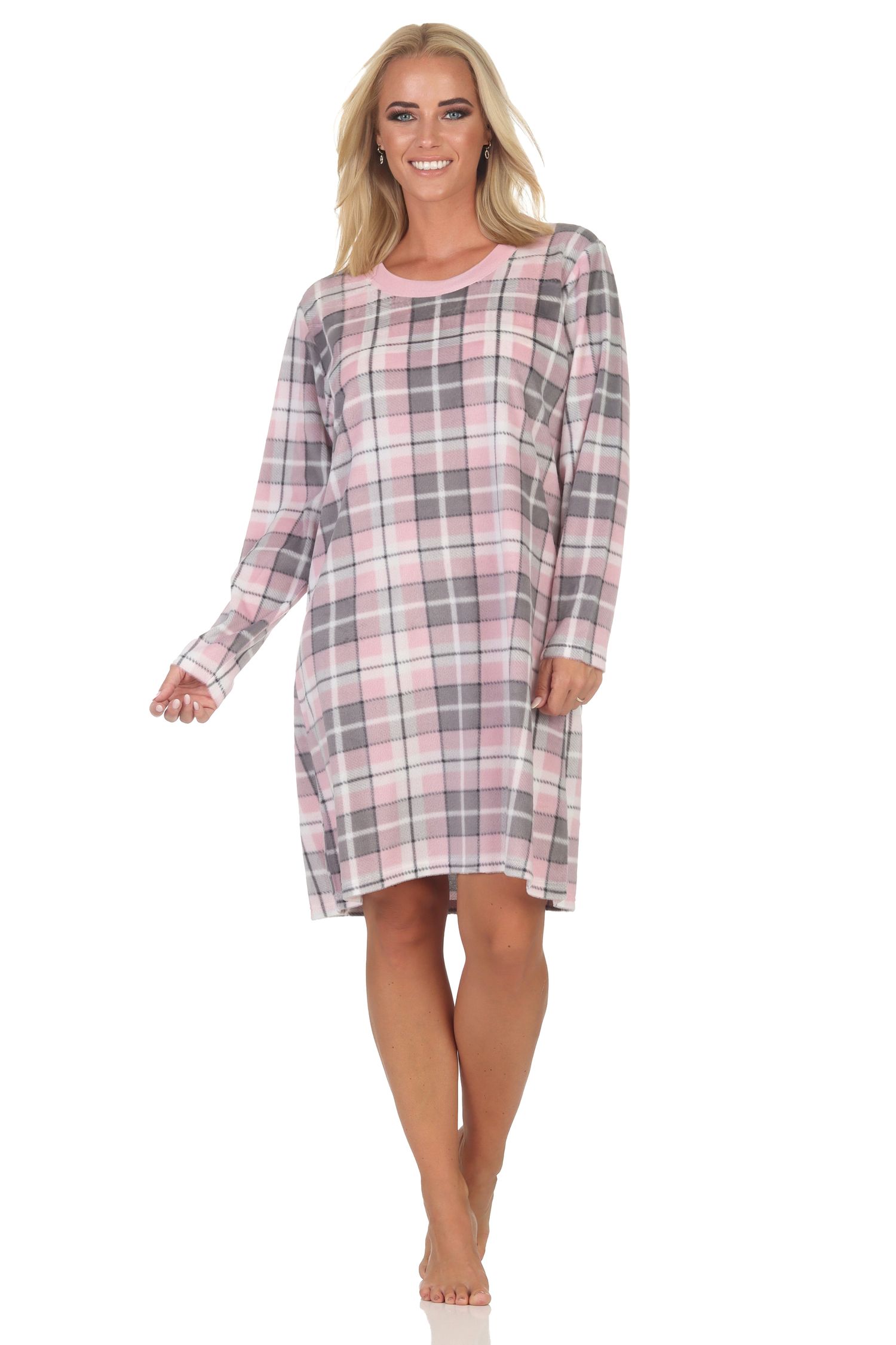 Normann Damen Fleece langarm Nachthemd Sleepshirt in edler Optik