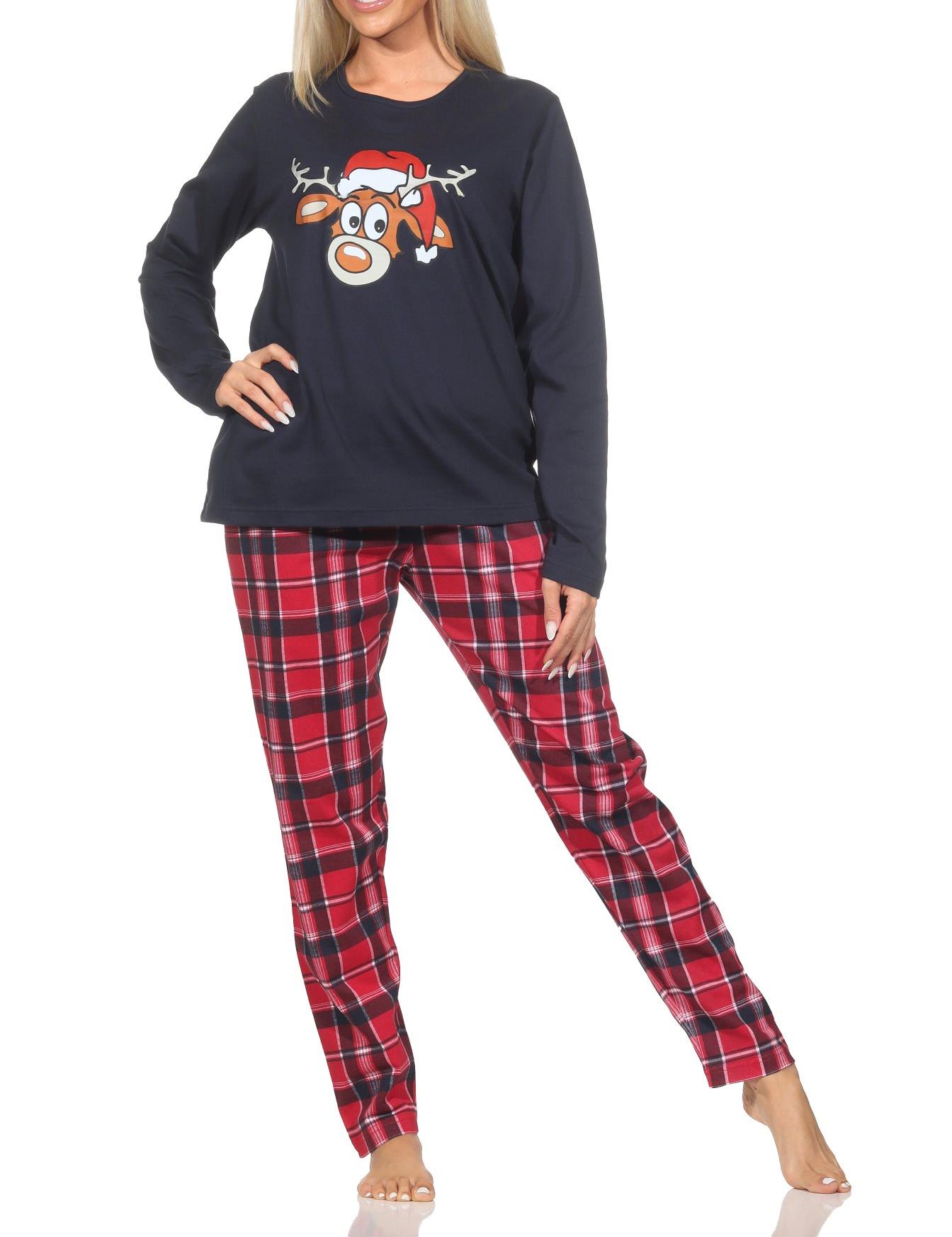 Normann Damen langarm Weihnachts Schlafanzug Pyjama mit lustigen Renntier Motiv Normann Damen langarm Weihnachts Schlafanzug Pyjama mit lustigen Renntier Motiv