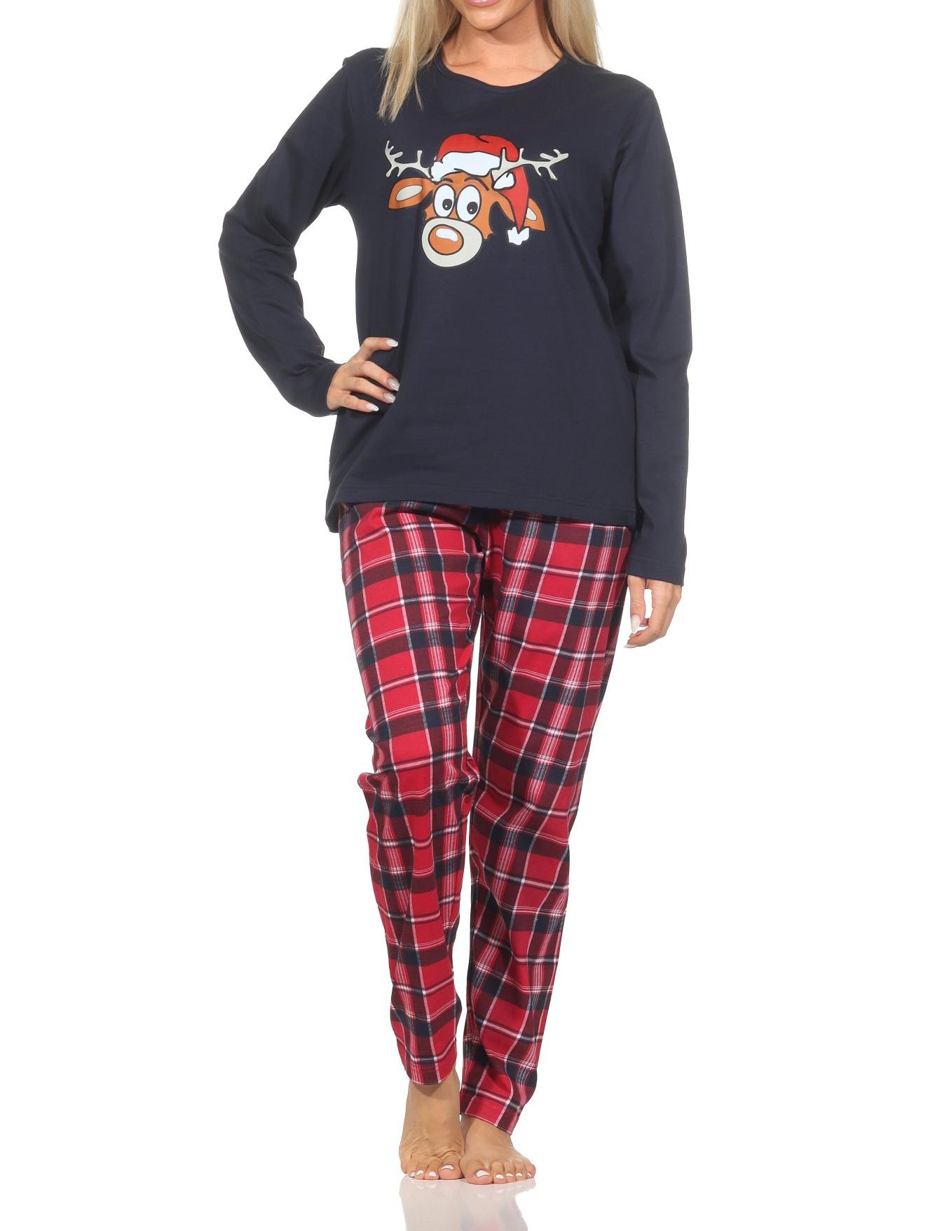 Normann Damen langarm Weihnachts Schlafanzug Pyjama mit lustigen Renntier Motiv