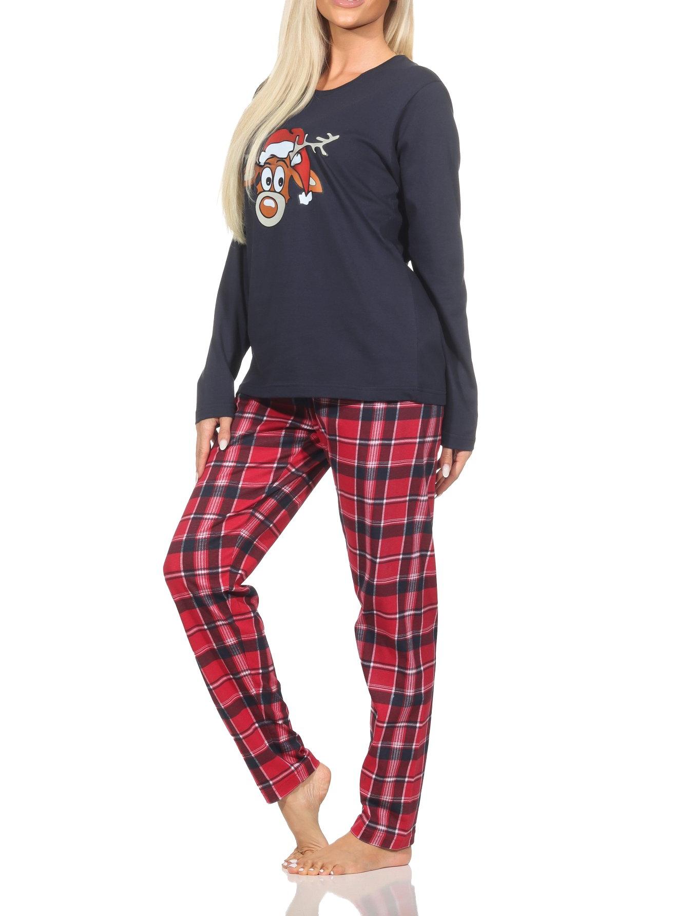 Normann Damen langarm Weihnachts Schlafanzug Pyjama mit lustigen Renntier Motiv