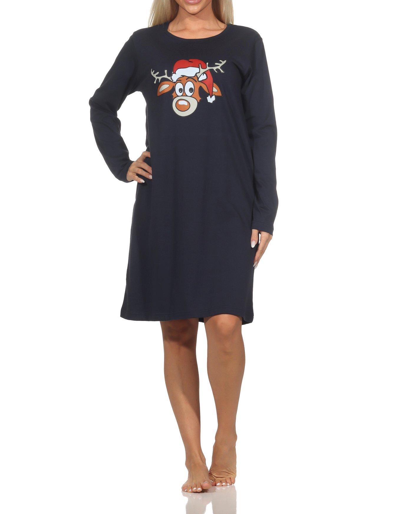 Normann Damen langarm Weihnachts Nachthemd mit lustigen Renntier Motiv