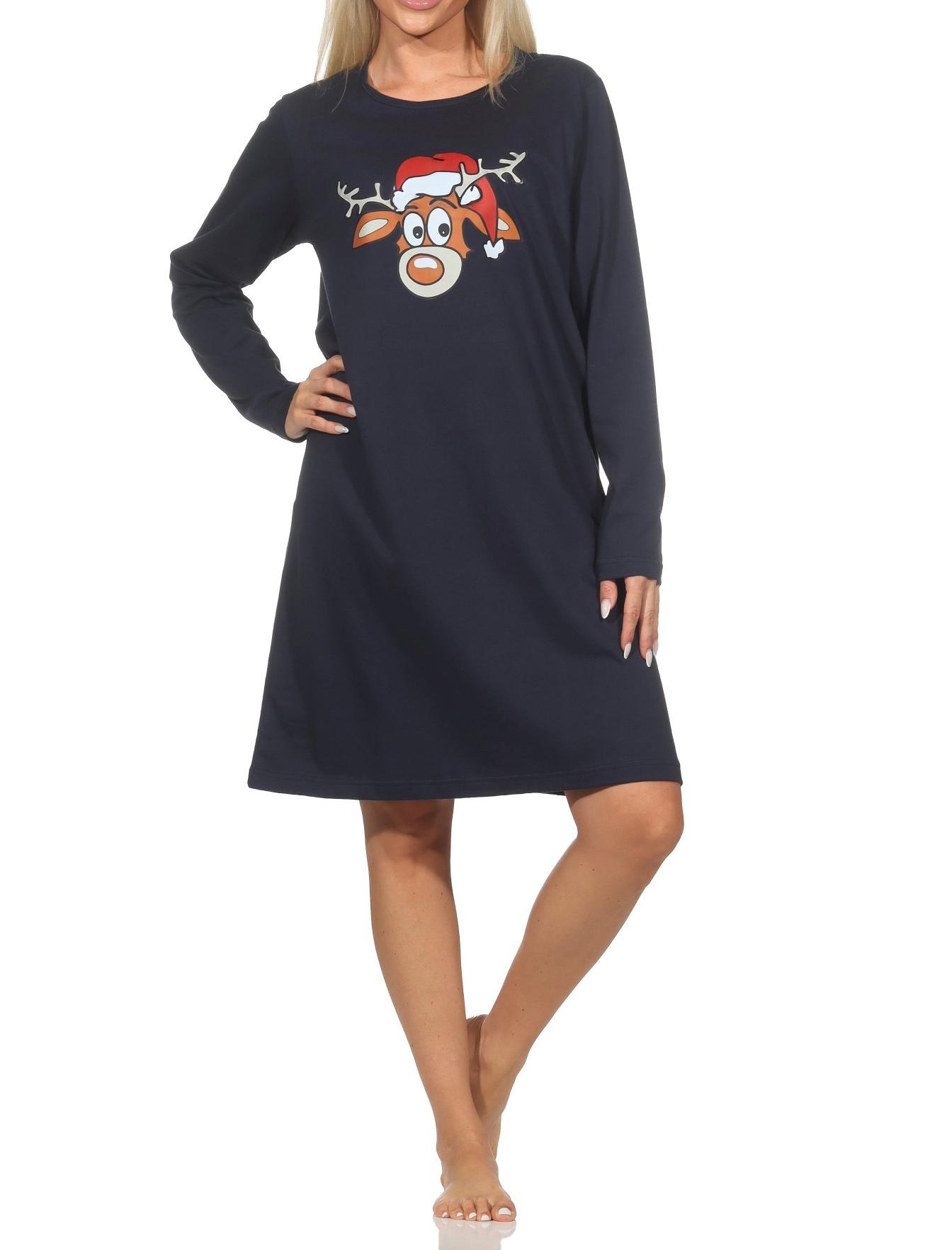 Normann Damen langarm Weihnachts Nachthemd mit lustigen Renntier Motiv