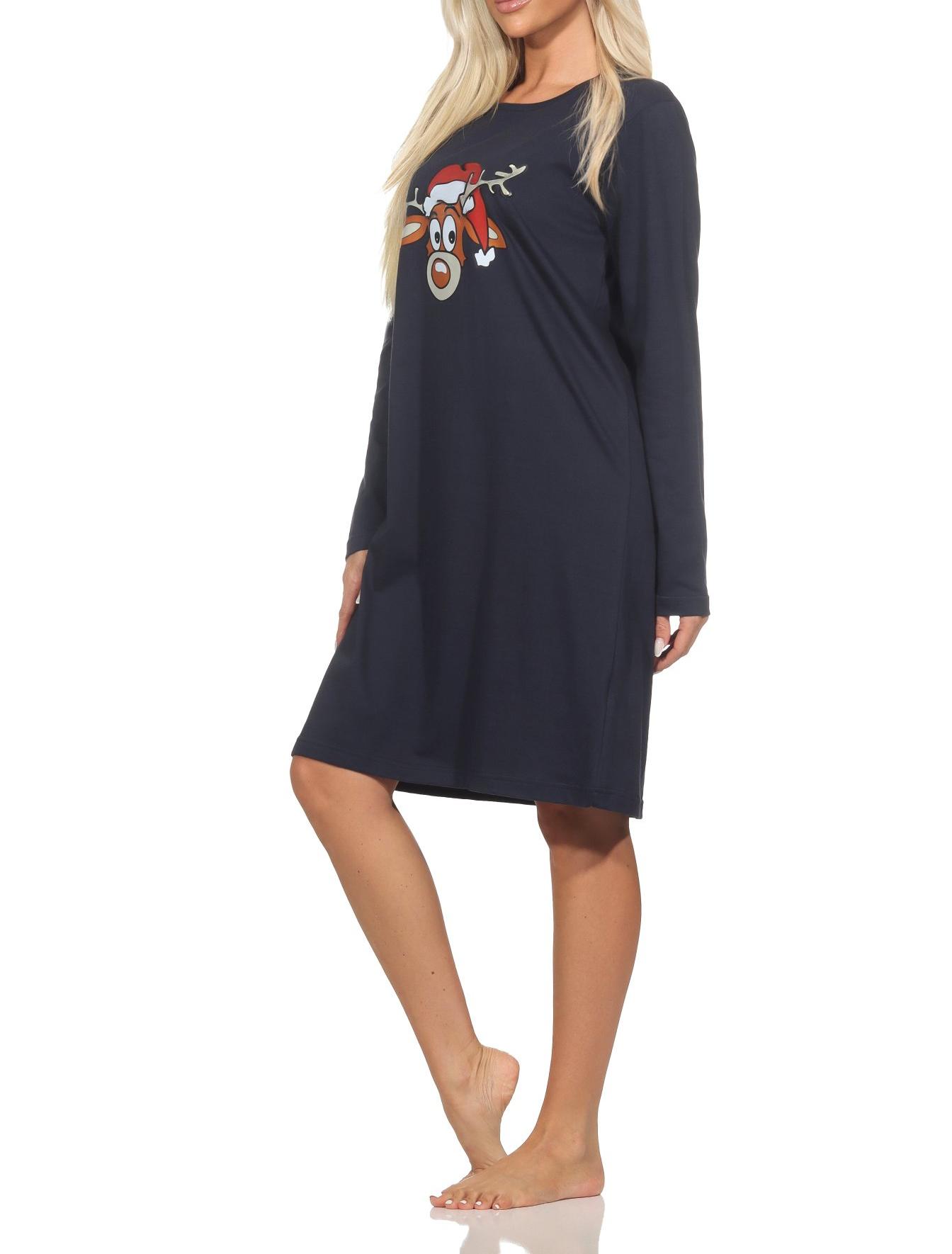 Normann Damen langarm Weihnachts Nachthemd mit lustigen Renntier Motiv