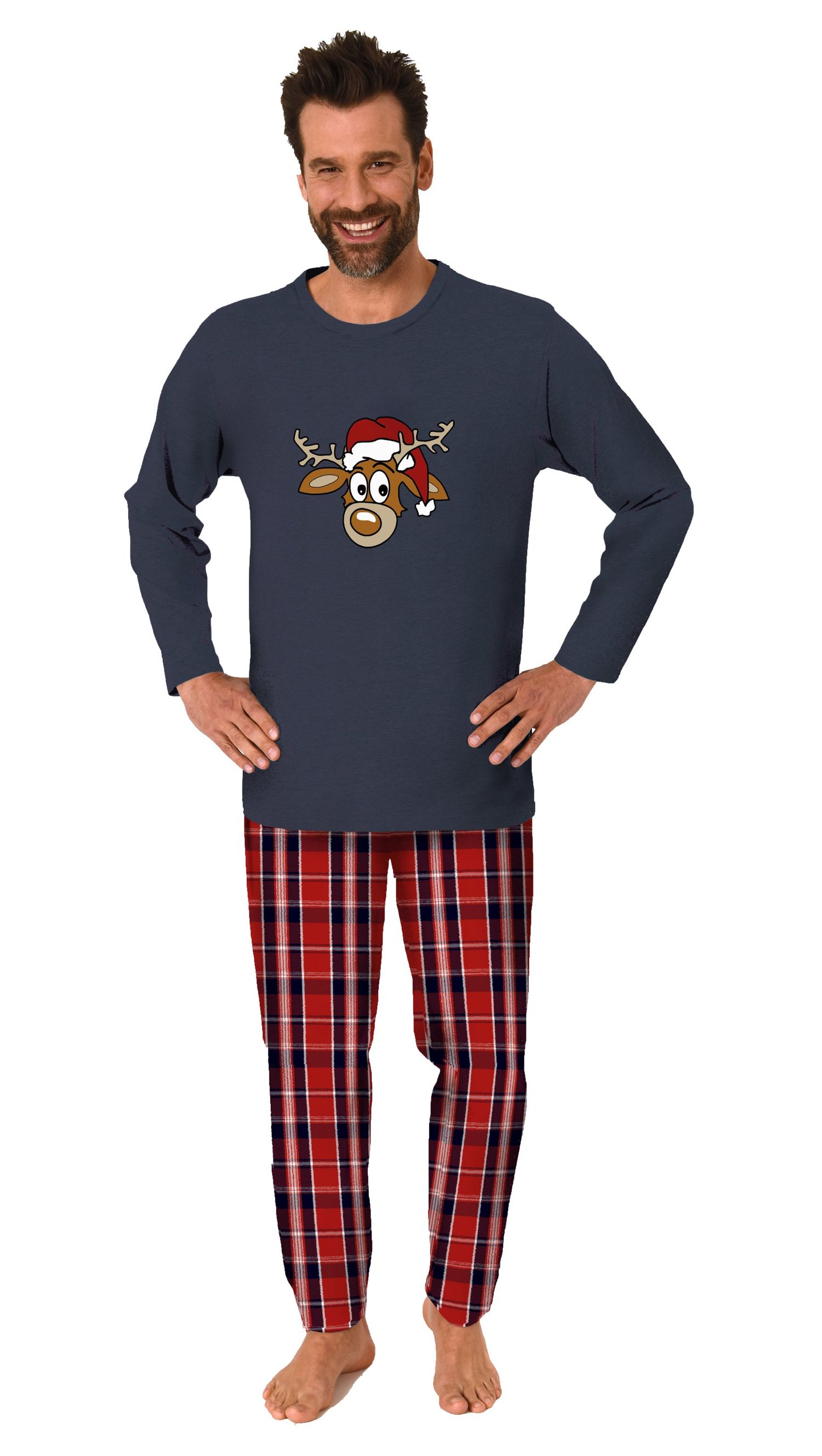 Normann Herren langarm Weihnachts Schlafanzug Pyjama mit lustigen Renntier Motiv