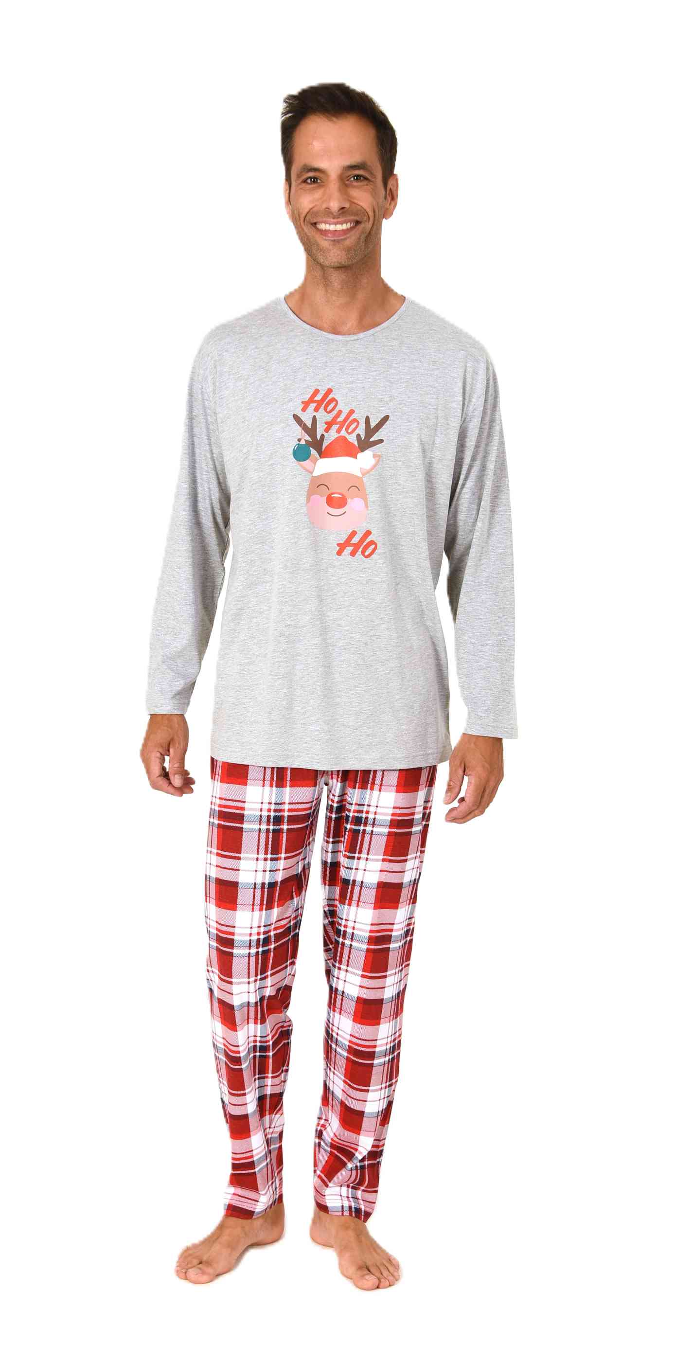 Normann Herren langarm Weihnachts Schlafanzug Pyjama mit lustigen Renntier Motiv