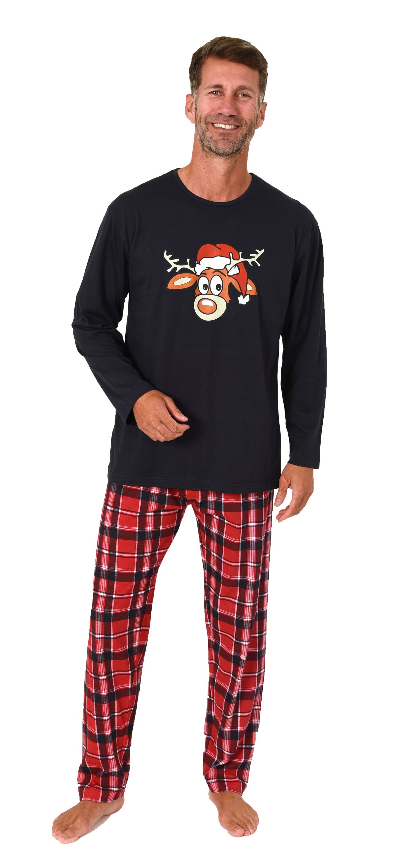 Normann Herren langarm Weihnachts Schlafanzug Pyjama mit lustigen Renntier Motiv