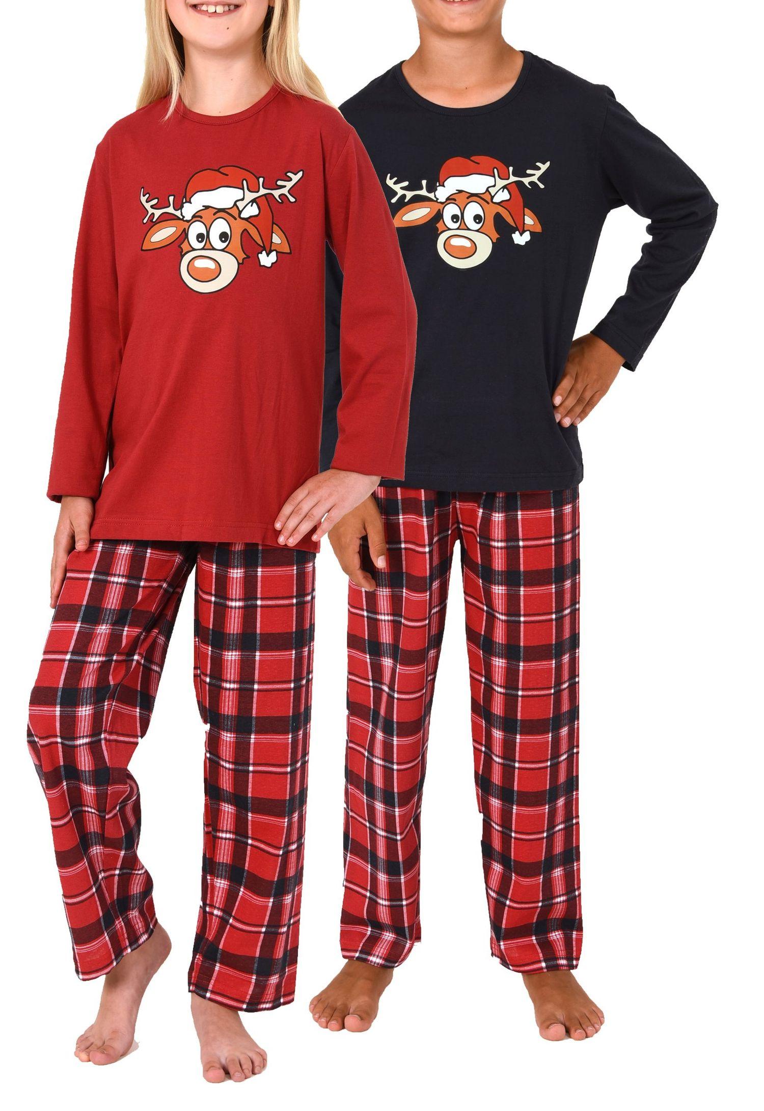 Normann Kinder UNISEX langarm Weihnachts Schlafanzug Pyjama mit lustigen Renntier Motiv