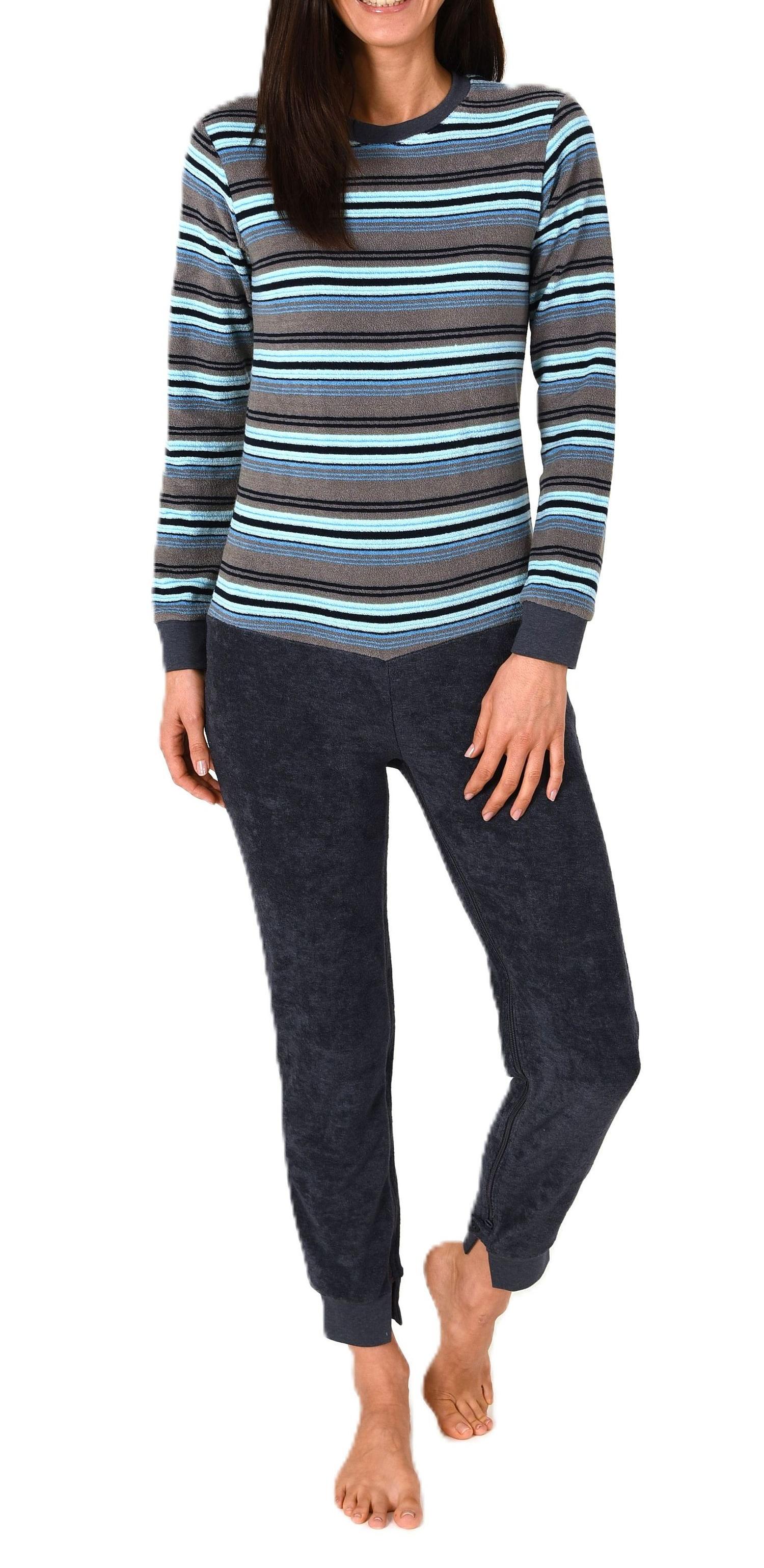 Damen Frottee Pflegeoverall Einteiler Schlafanzug mit Reissverschluss am Rücken und Bein