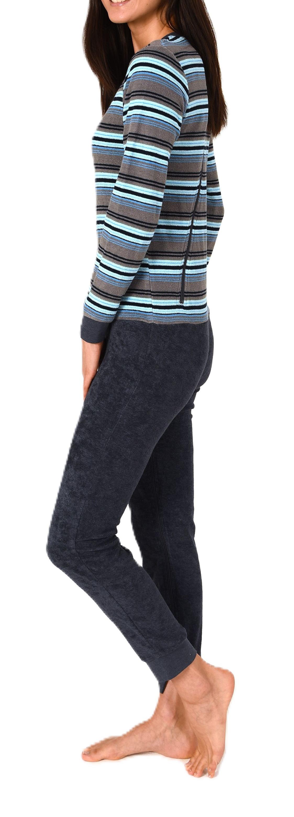 Damen Frottee Pflegeoverall Einteiler Schlafanzug mit Reissverschluss am Rücken und Bein