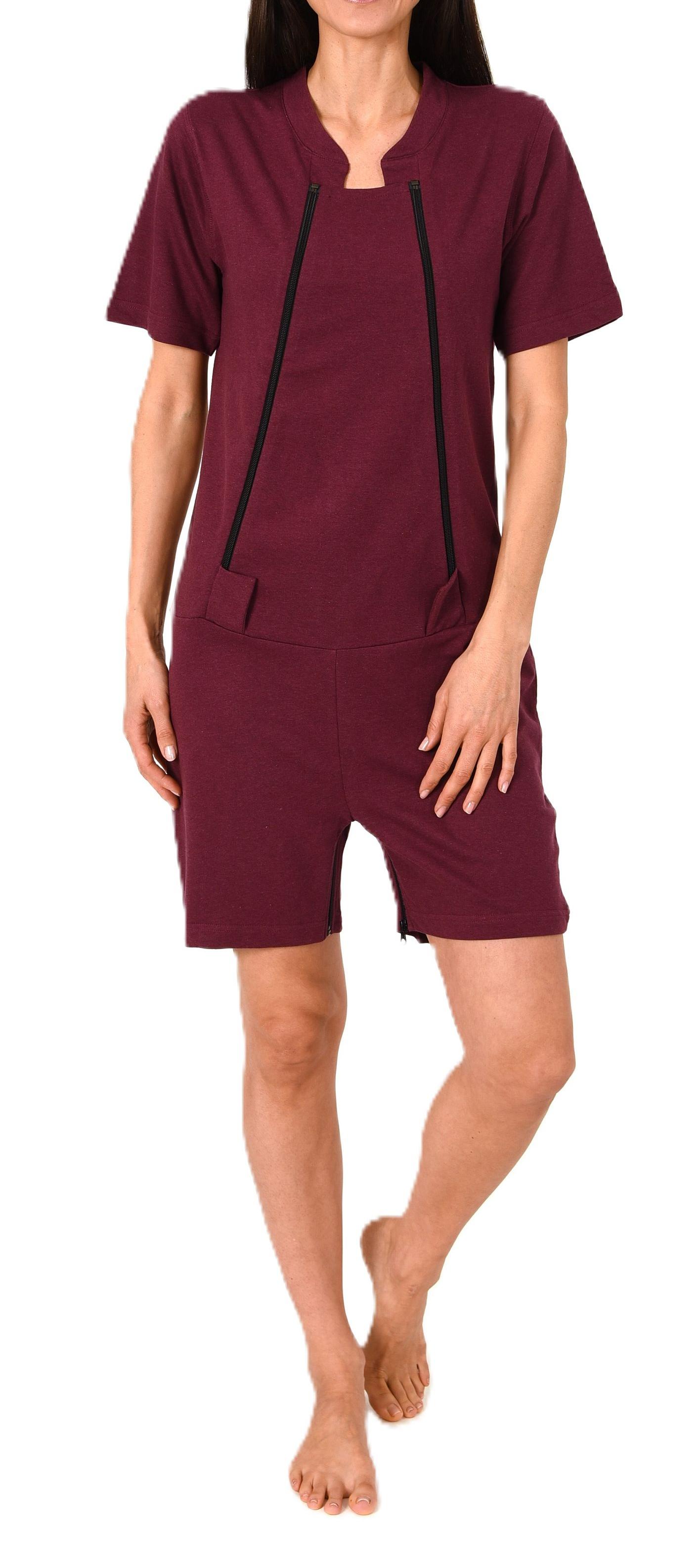 Damen Pflegeoverall kurzarm Einteiler Schlafanzug mit Reissverschluss Vorne und am Bein