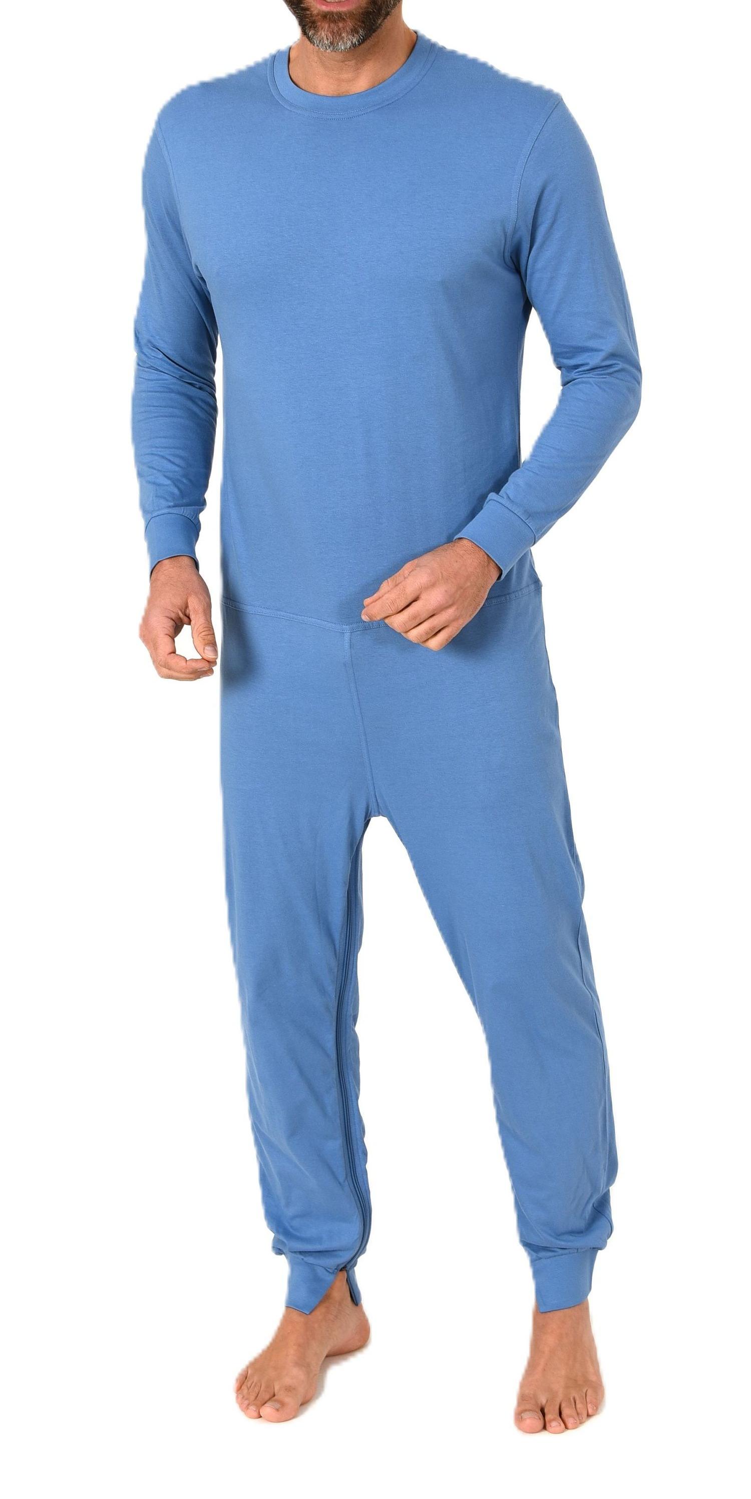 Herren Pflegeoverall langarm Einteiler Schlafanzug mit Reißverschluss am Bein